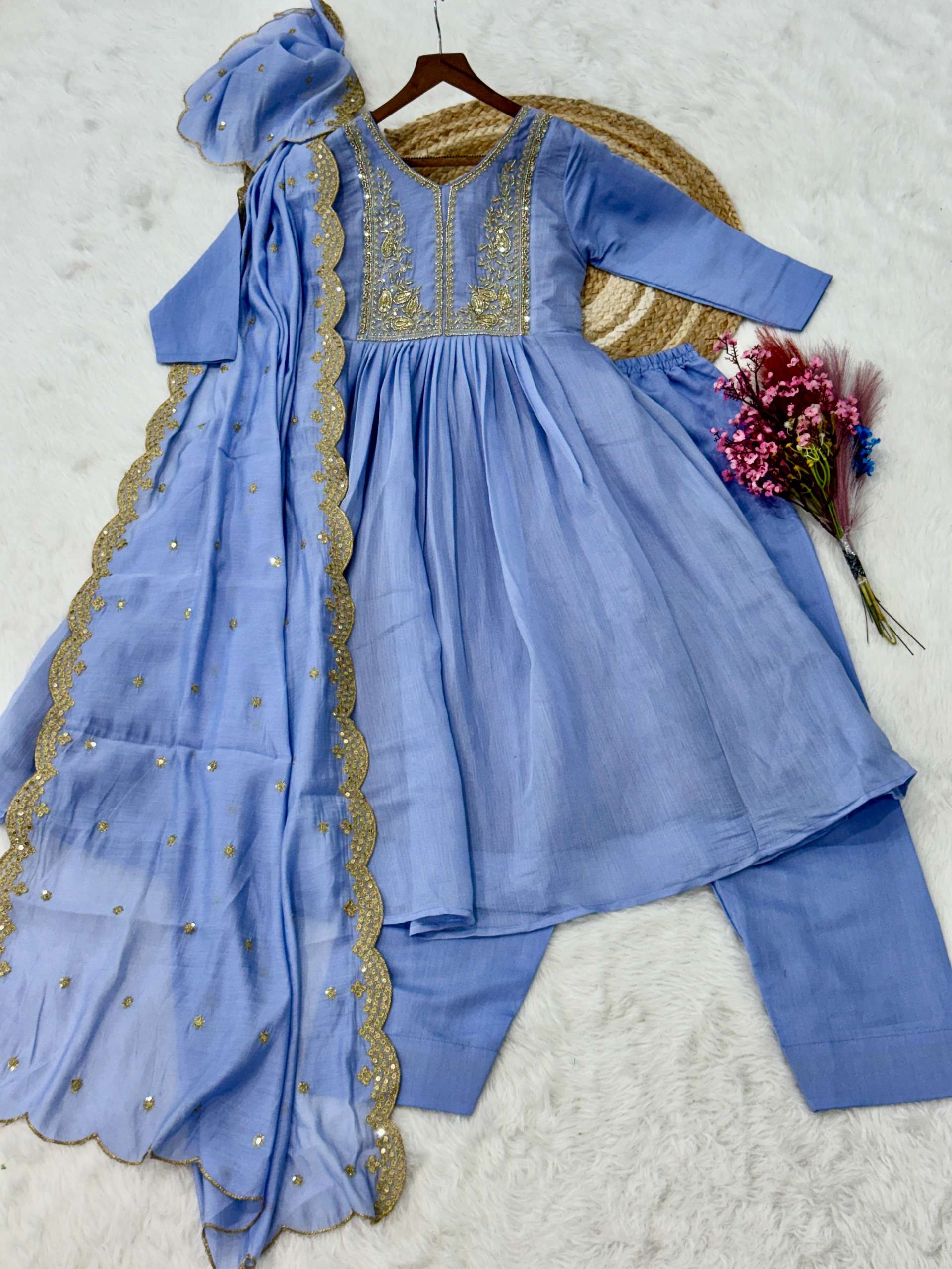 KA 1241 CHANDERI SILK SEQUENCE EMBROIDERY WORK GOWN BOTTOM AND DUPATTA SET 