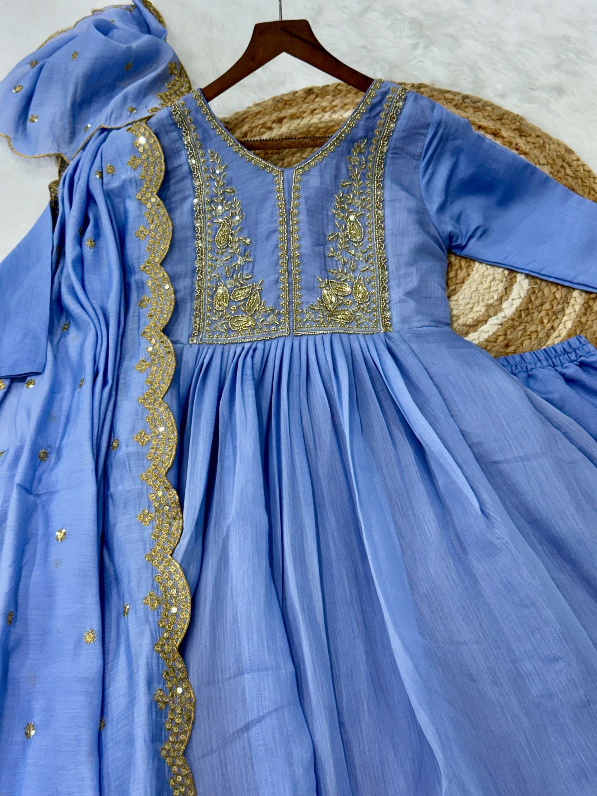 KA 1241 CHANDERI SILK SEQUENCE EMBROIDERY WORK GOWN BOTTOM AND DUPATTA SET 