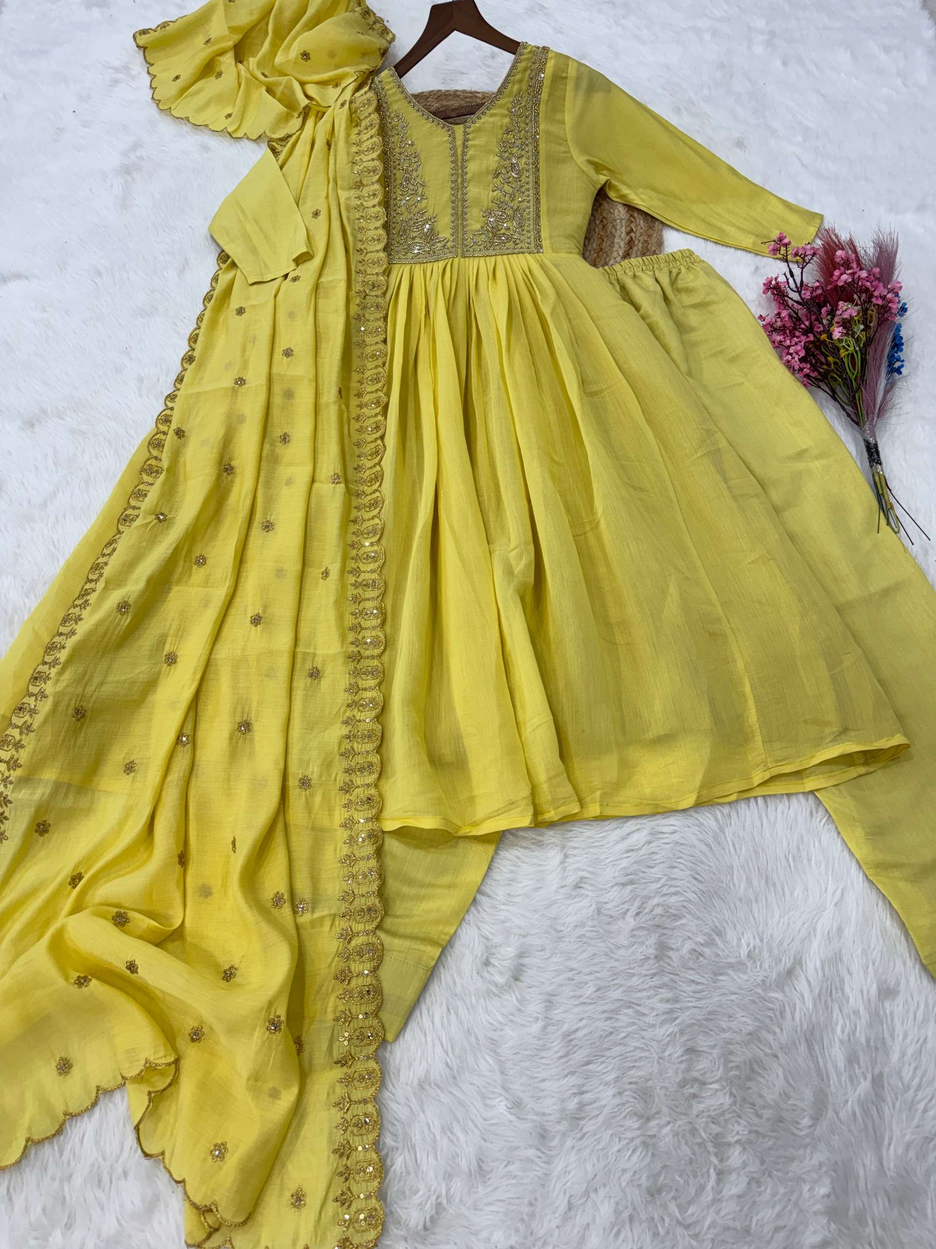 KA 1241 CHANDERI SILK SEQUENCE EMBROIDERY WORK GOWN BOTTOM AND DUPATTA SET 