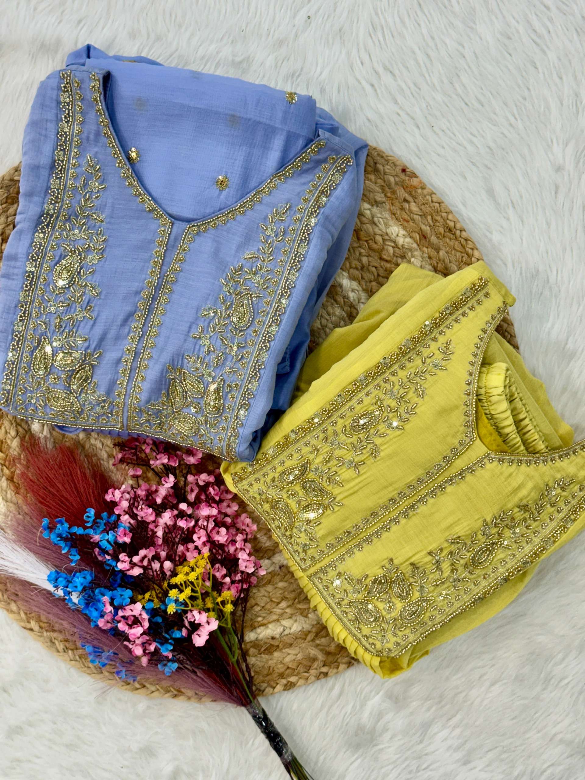KA 1241 CHANDERI SILK SEQUENCE EMBROIDERY WORK GOWN BOTTOM AND DUPATTA SET 