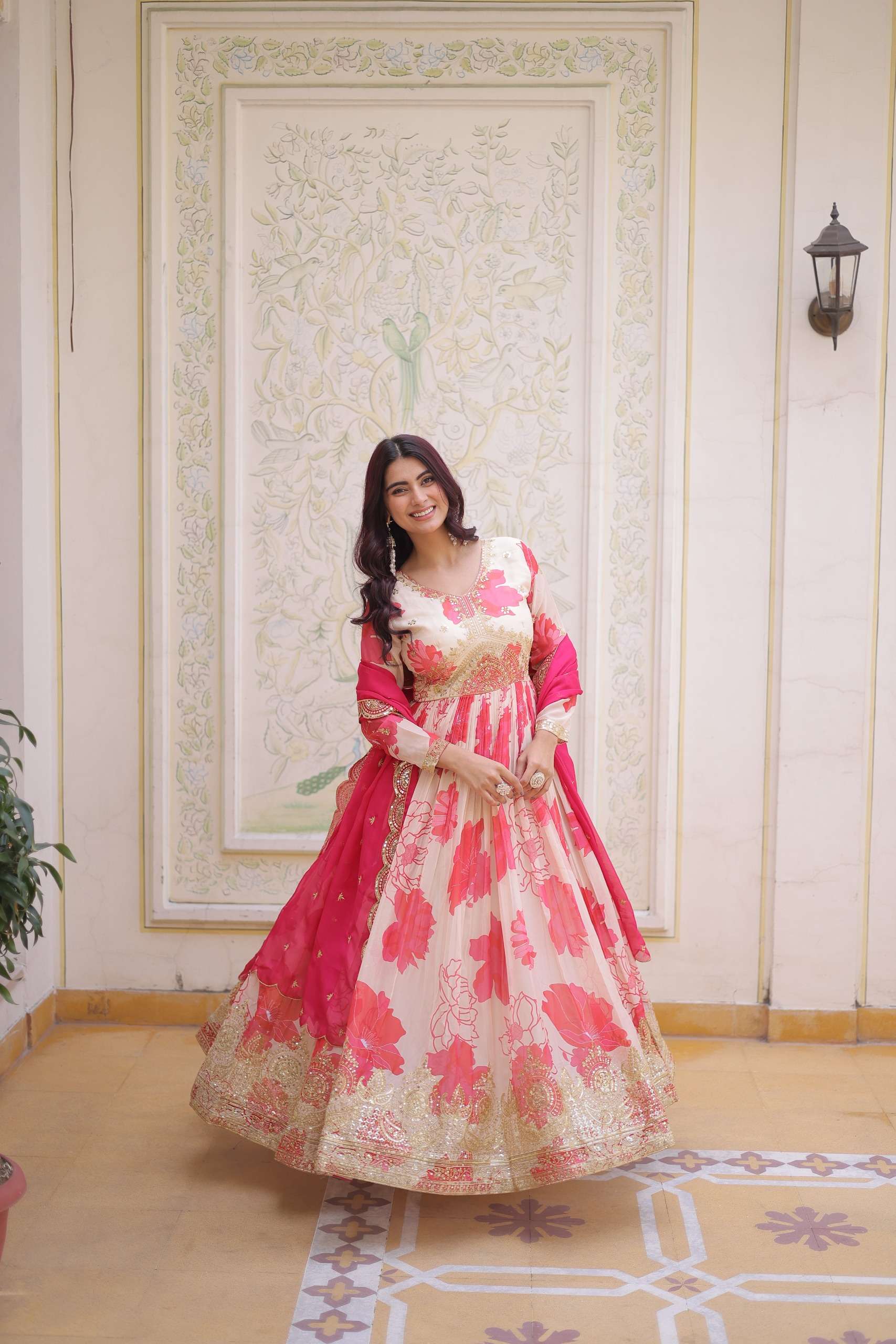 KA 1242 SILK DIGITAL PRINT SEQUENCE EMBROIDERY WORK GOWN WITH DUPATTA SET 