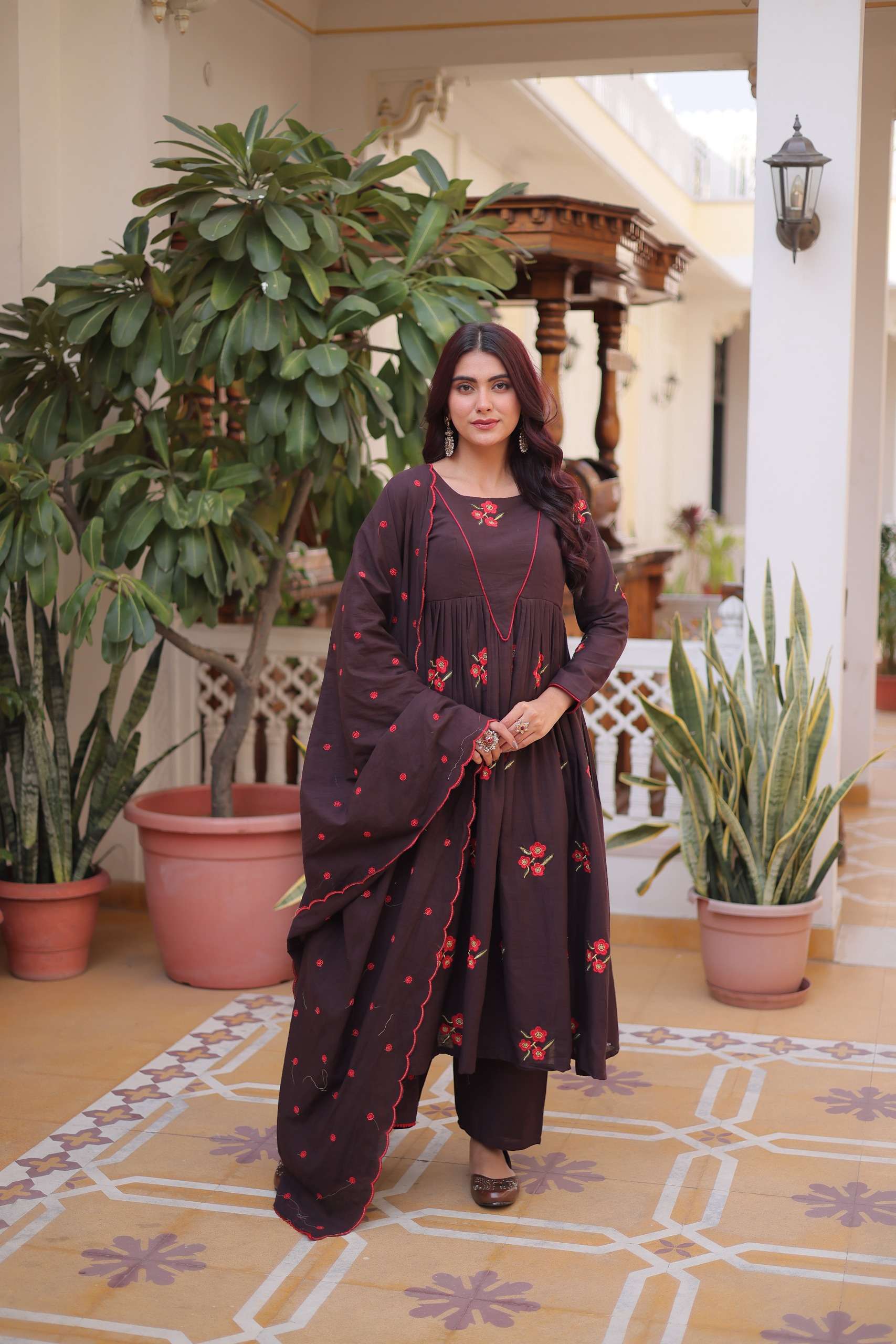 KA 1245 COTTON EMBROIDERY WORK PARTY WEAR LADIES KURTI WITH PANT & DUPATTA SET