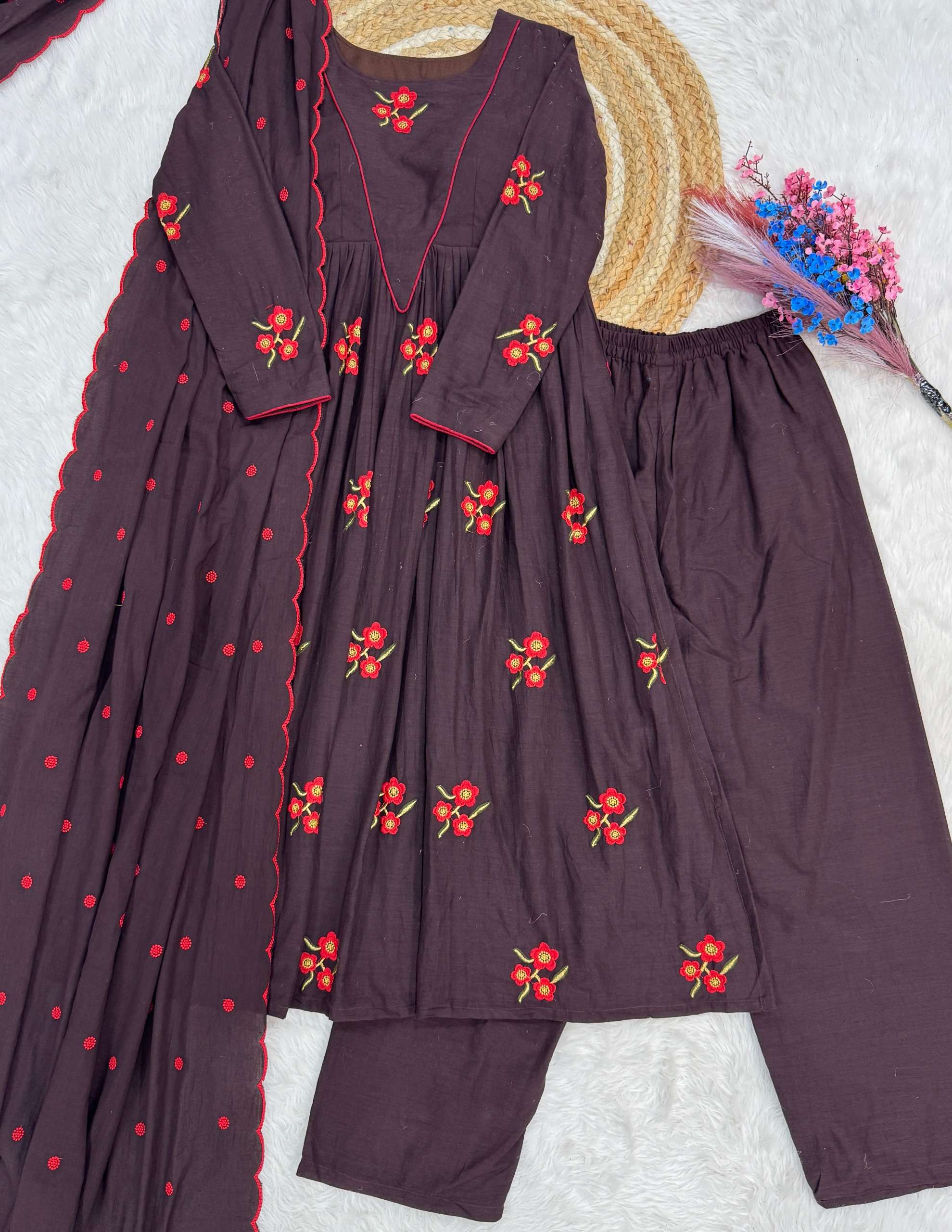 KA 1245 COTTON EMBROIDERY WORK PARTY WEAR LADIES KURTI WITH PANT & DUPATTA SET