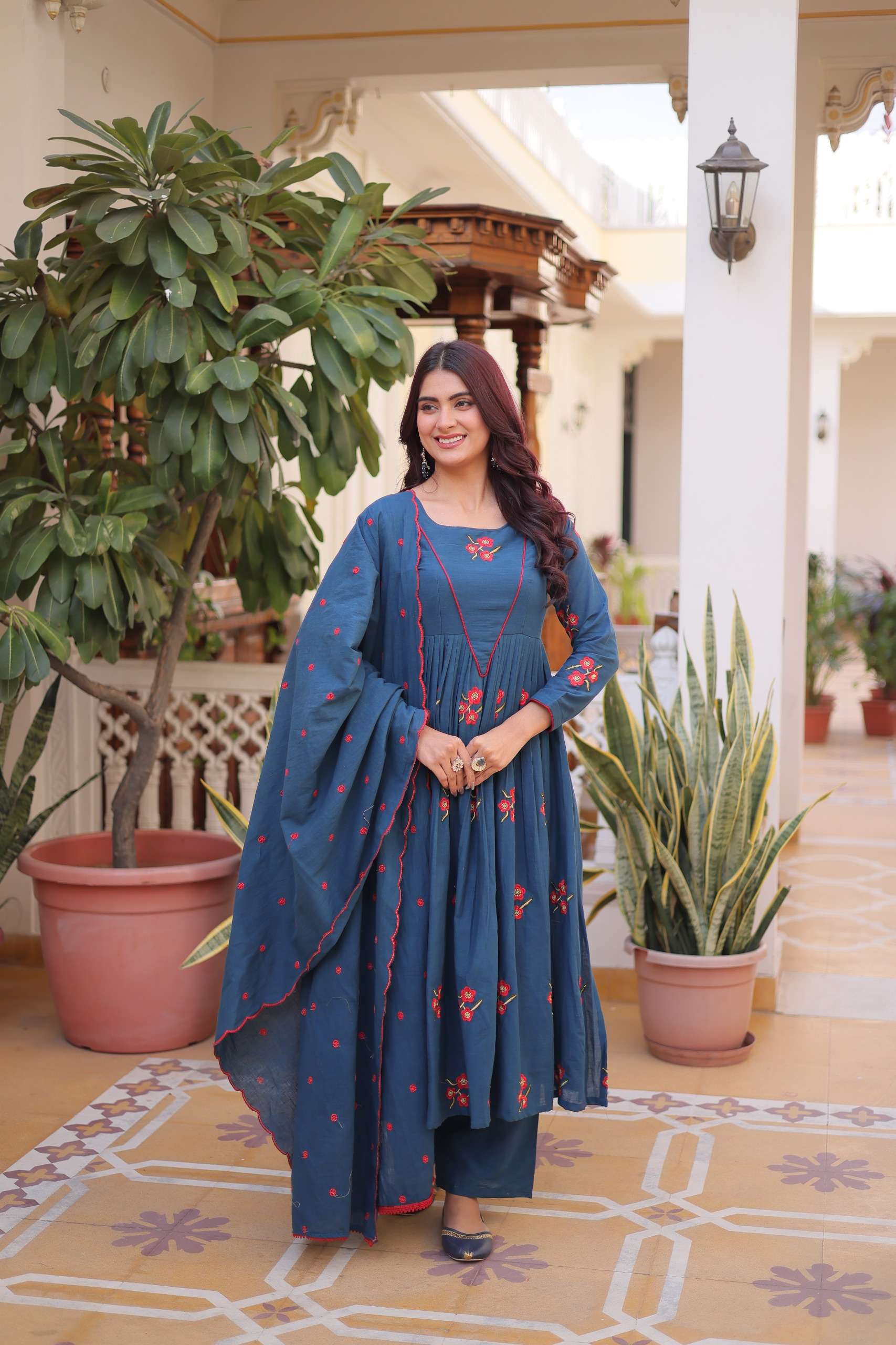 KA 1245 COTTON EMBROIDERY WORK PARTY WEAR LADIES KURTI WITH PANT & DUPATTA SET