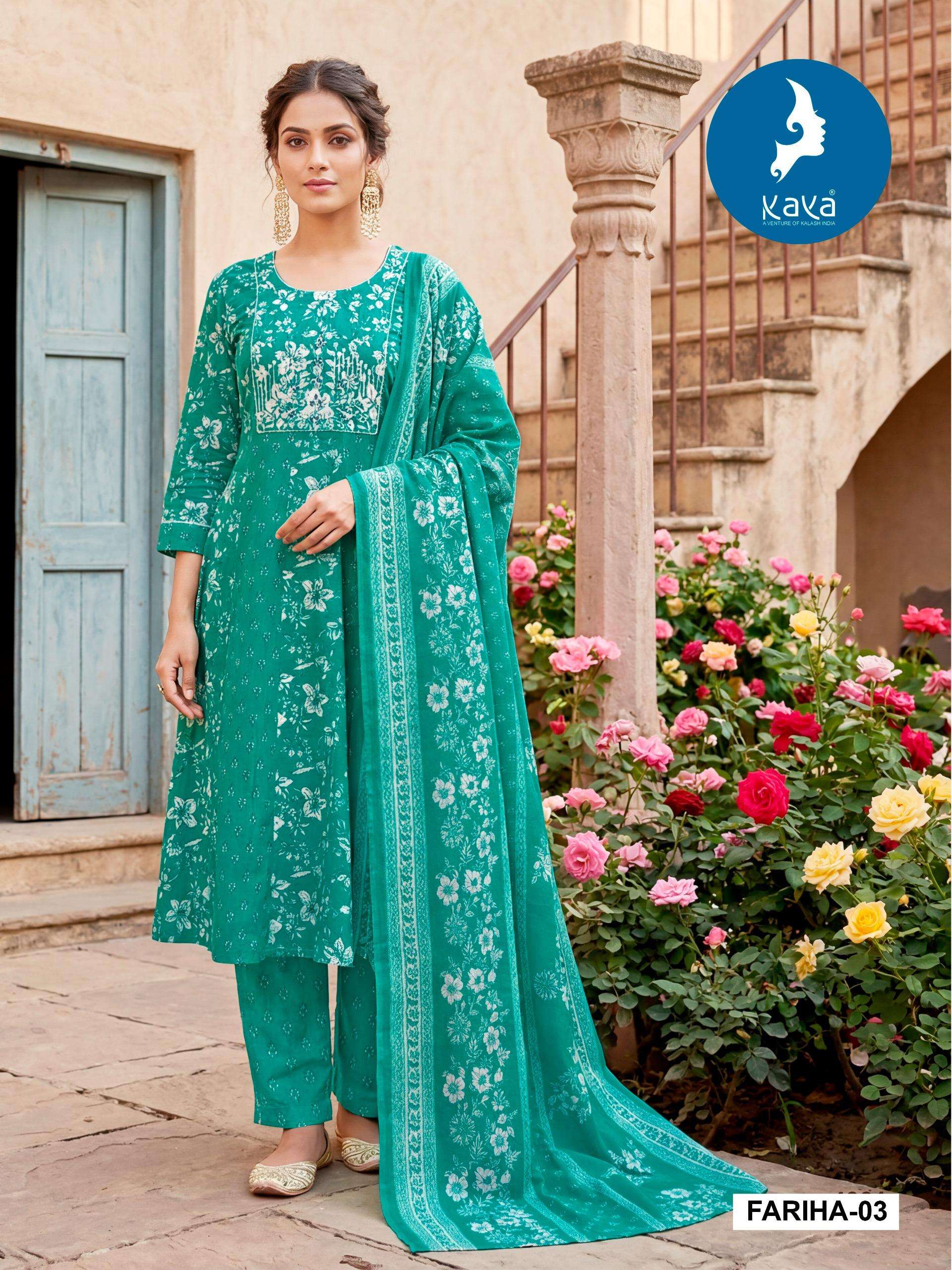 KAYA FARIHA COTTON PRINT ANARKALI STYLE KURTI WITH BOTTOM AND DUPATTA SET