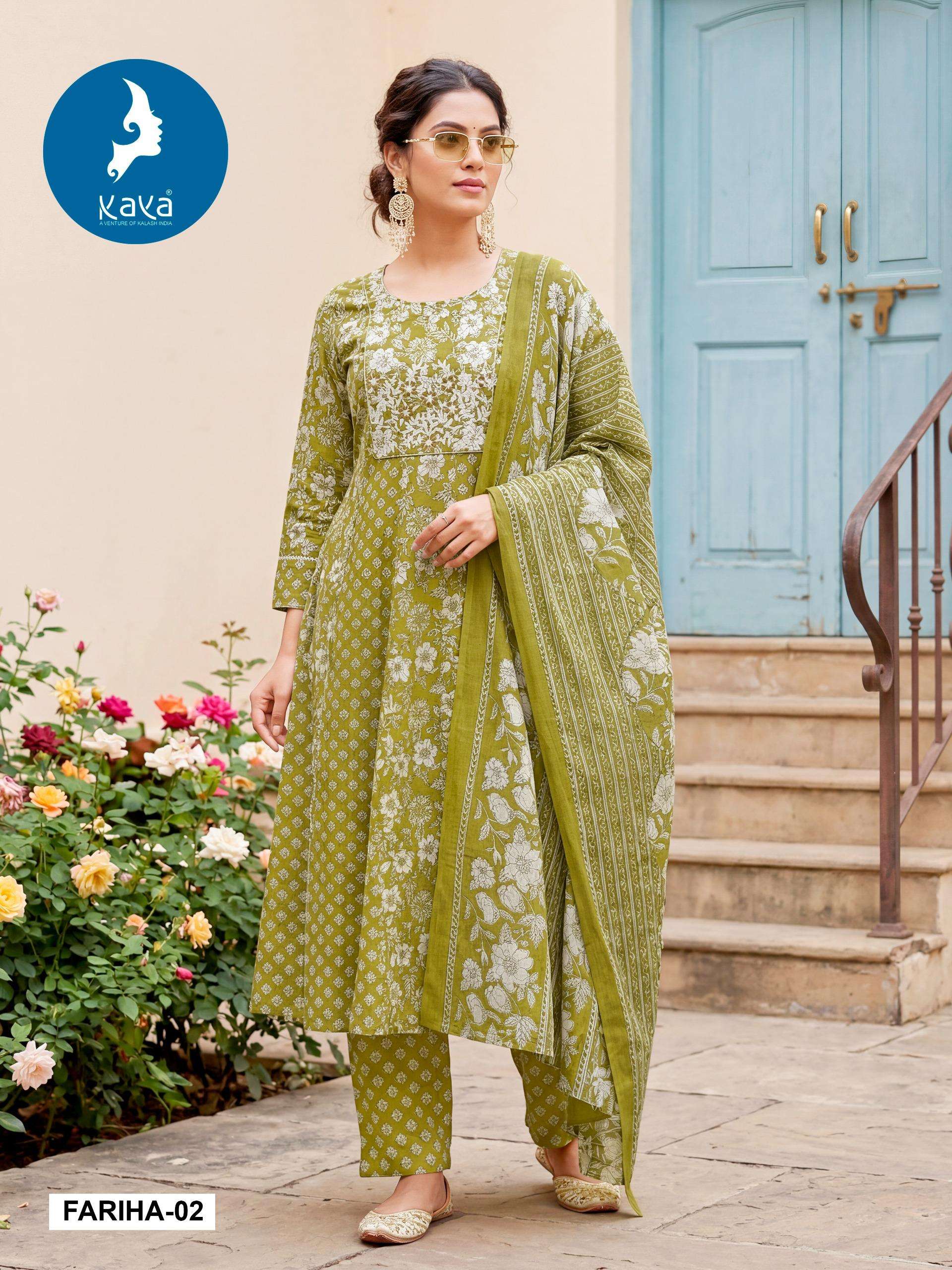 KAYA FARIHA COTTON PRINT ANARKALI STYLE KURTI WITH BOTTOM AND DUPATTA SET