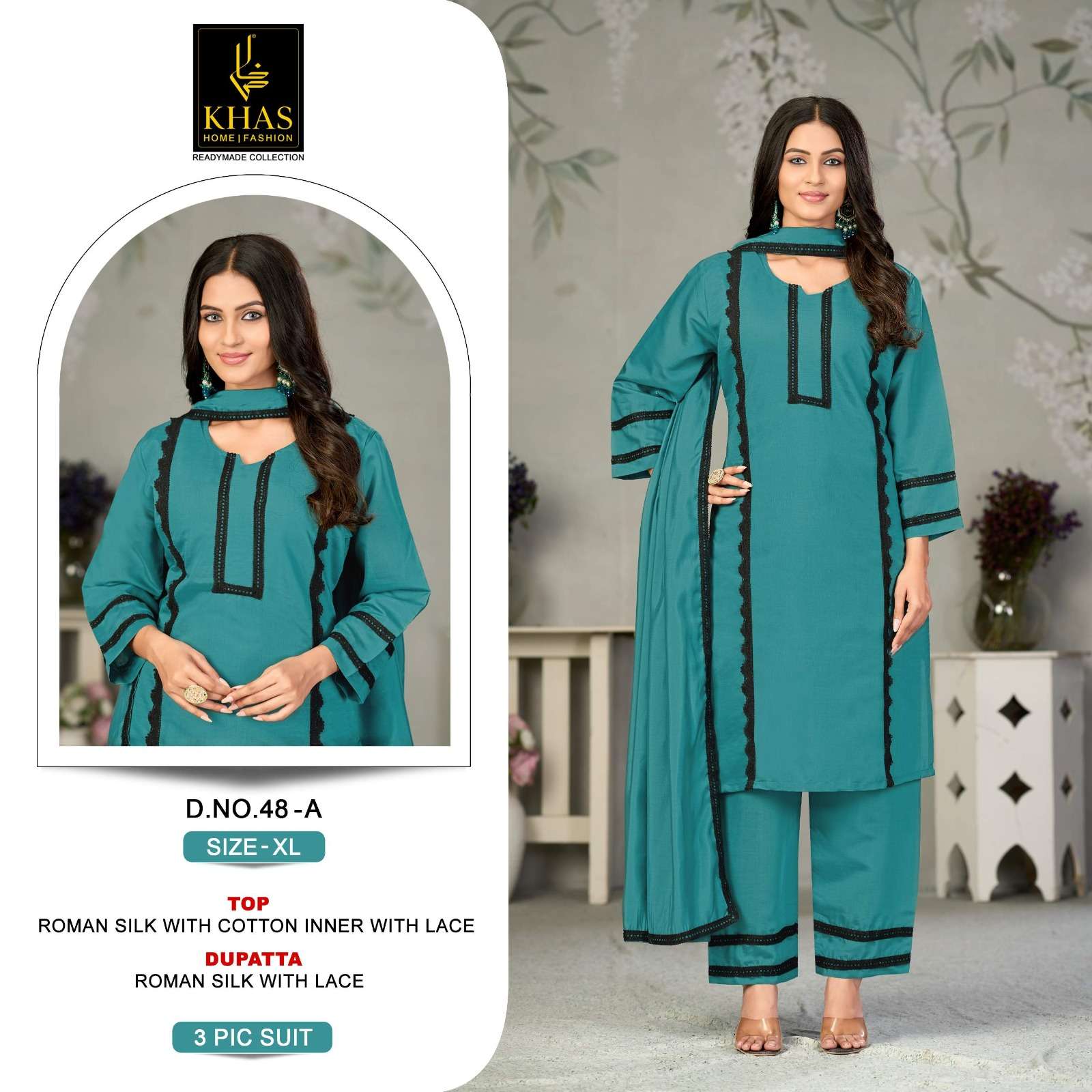 KHAS FASHION D NO 048 SILK FANCY LACE WORK READY MADE PAKISTANI STYLE SUIT