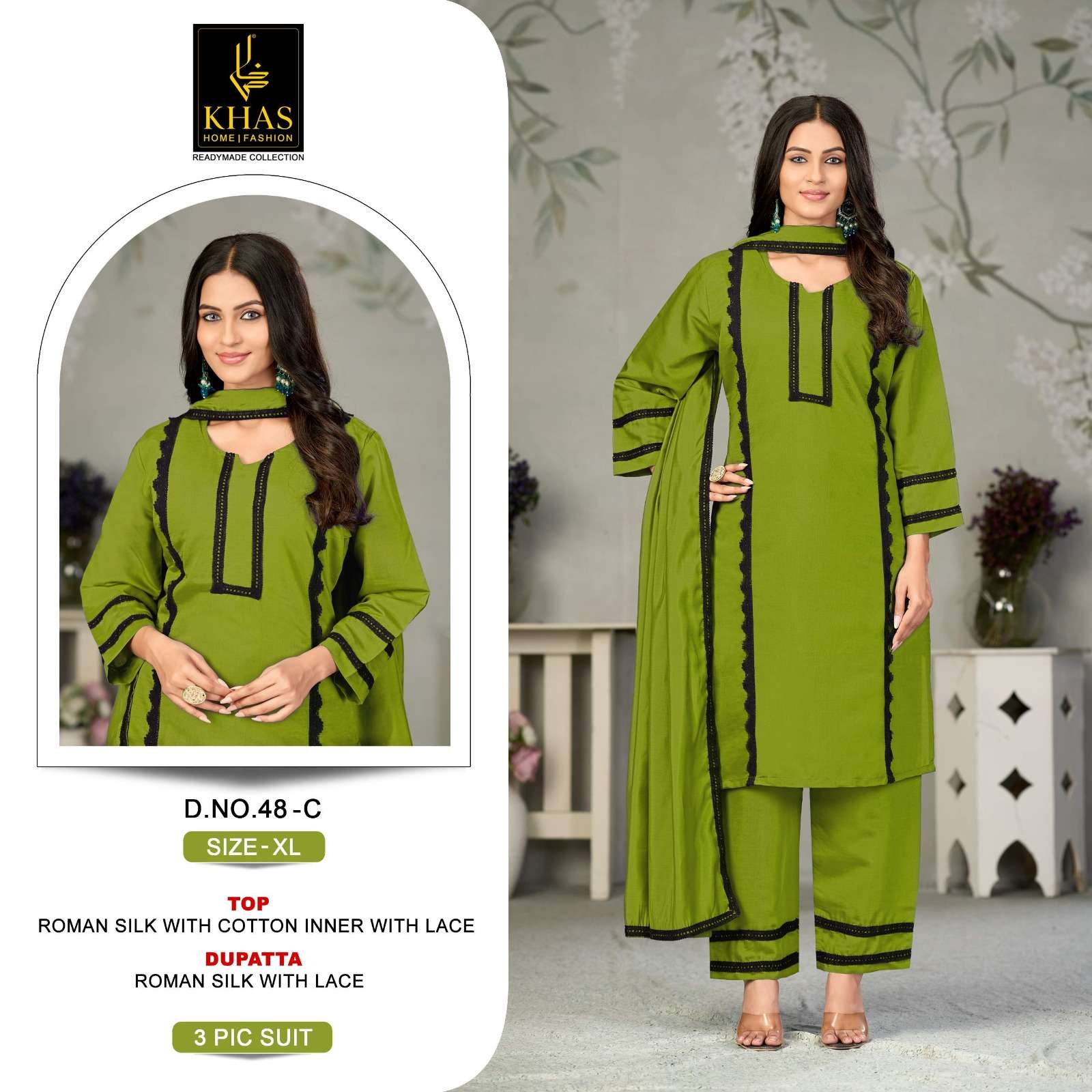 KHAS FASHION D NO 048 SILK FANCY LACE WORK READY MADE PAKISTANI STYLE SUIT