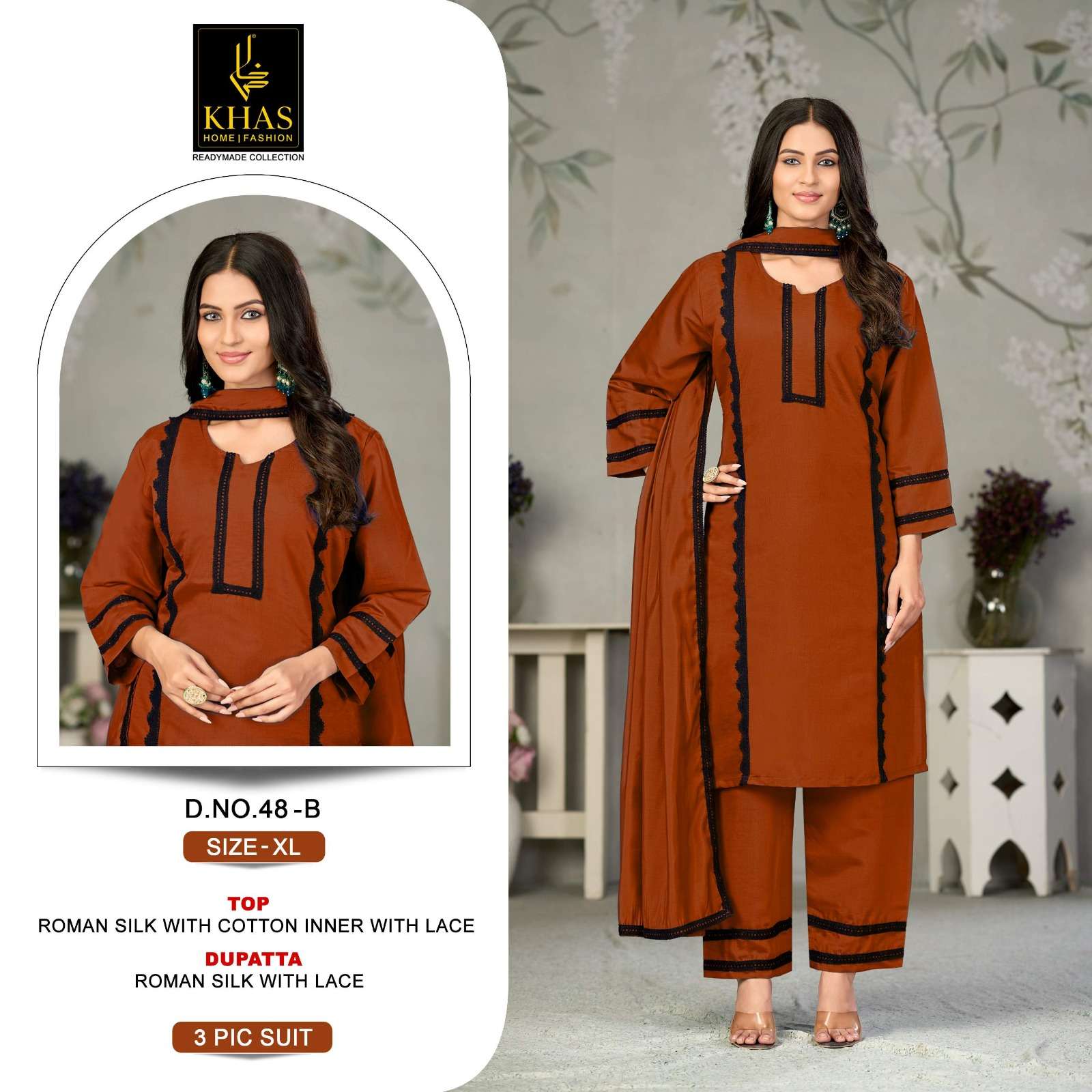 KHAS FASHION D NO 048 SILK FANCY LACE WORK READY MADE PAKISTANI STYLE SUIT