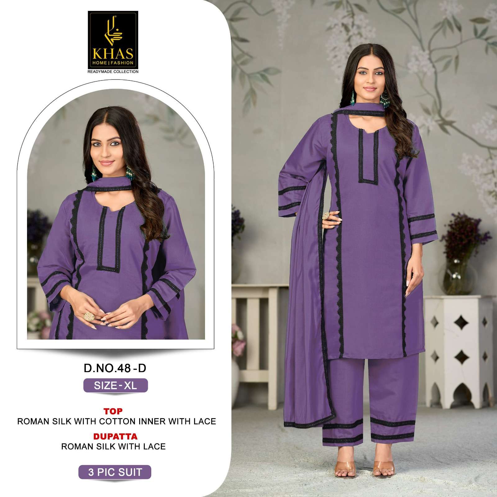 KHAS FASHION D NO 048 SILK FANCY LACE WORK READY MADE PAKISTANI STYLE SUIT