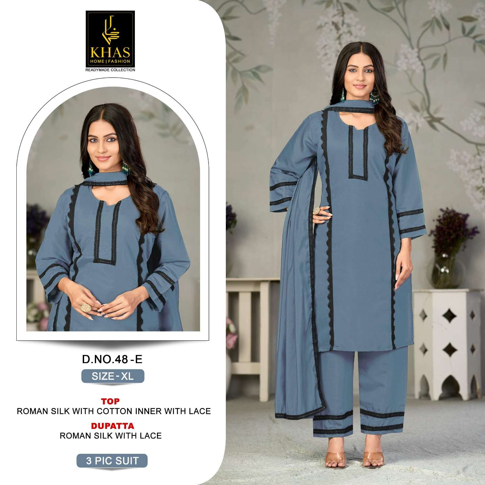 KHAS FASHION D NO 048 SILK FANCY LACE WORK READY MADE PAKISTANI STYLE SUIT
