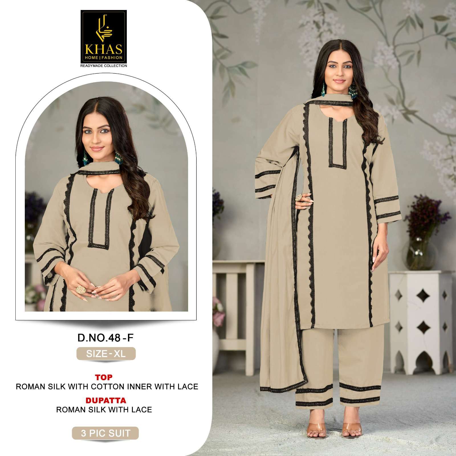 KHAS FASHION D NO 048 SILK FANCY LACE WORK READY MADE PAKISTANI STYLE SUIT