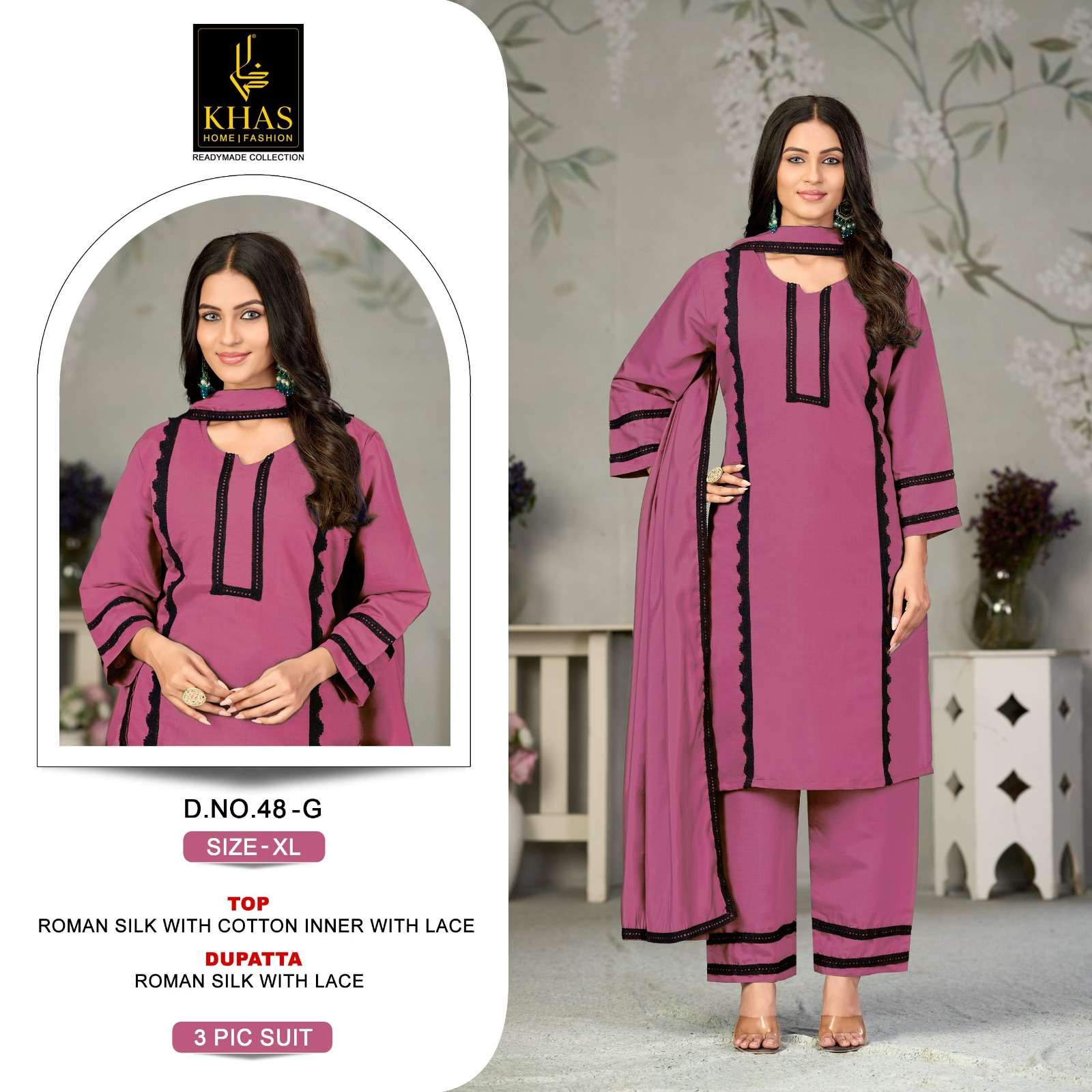 KHAS FASHION D NO 048 SILK FANCY LACE WORK READY MADE PAKISTANI STYLE SUIT