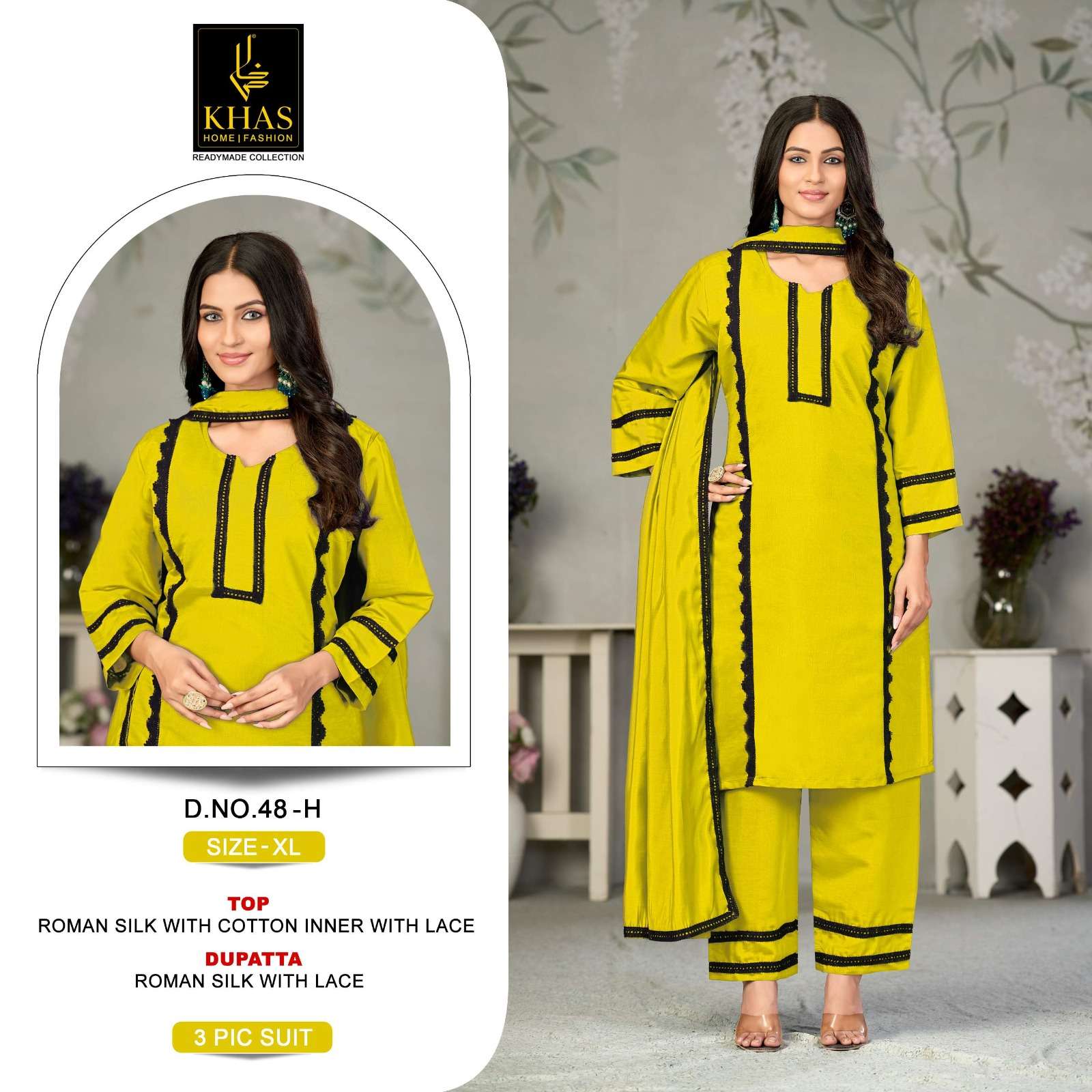 KHAS FASHION D NO 048 SILK FANCY LACE WORK READY MADE PAKISTANI STYLE SUIT