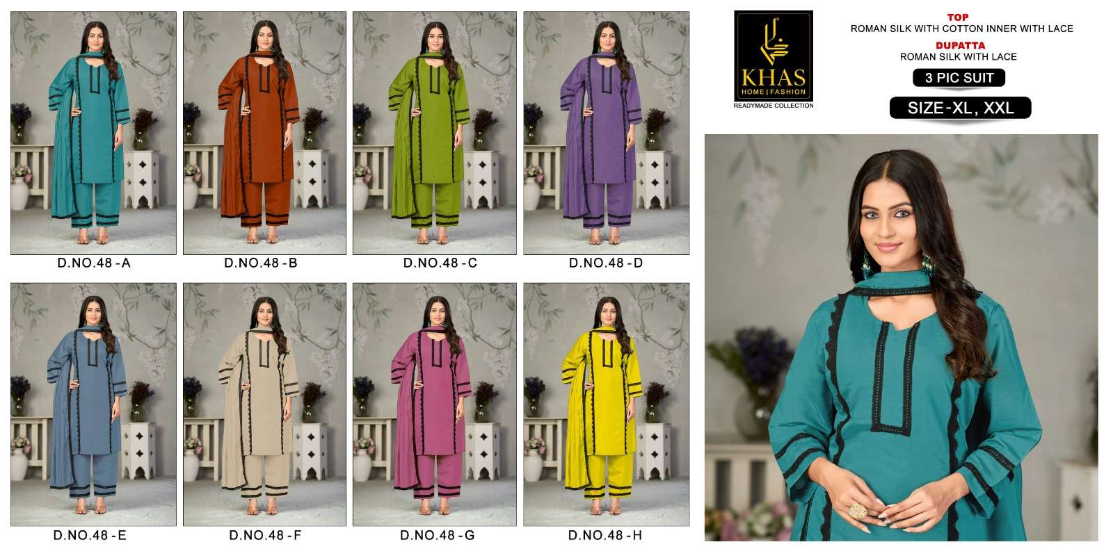 KHAS FASHION D NO 048 SILK FANCY LACE WORK READY MADE PAKISTANI STYLE SUIT