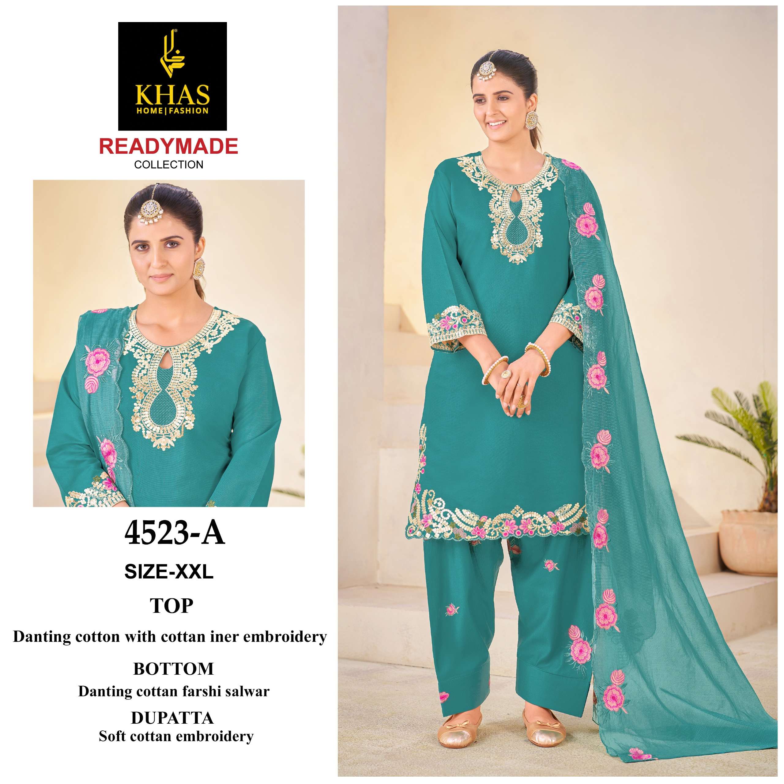 KHAS FASHION D NO 4523 COTTON BEAUTIFUL EMBROIDERY DESIGNER PAKISTANI SUIT