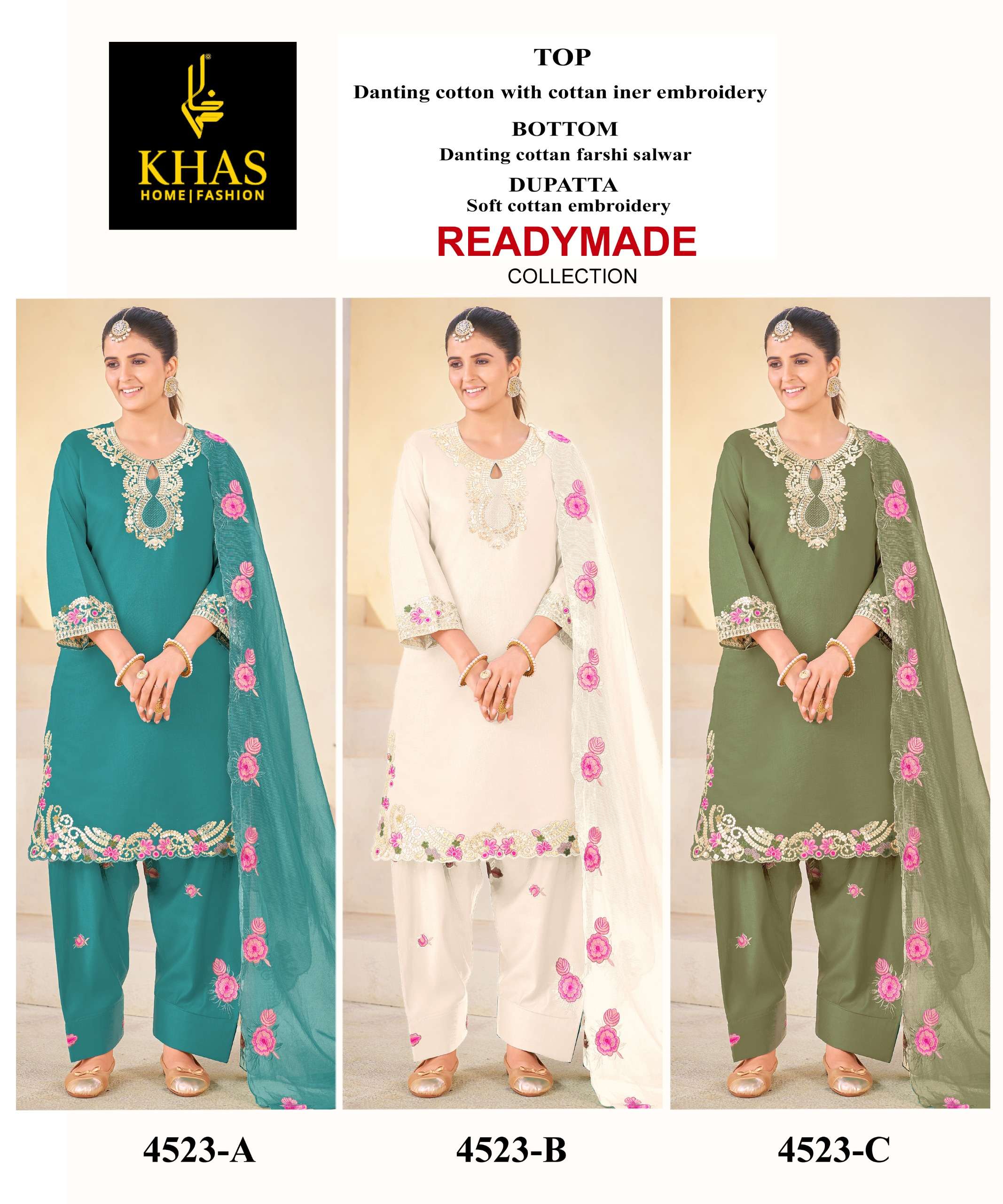 KHAS FASHION D NO 4523 COTTON BEAUTIFUL EMBROIDERY DESIGNER PAKISTANI SUIT