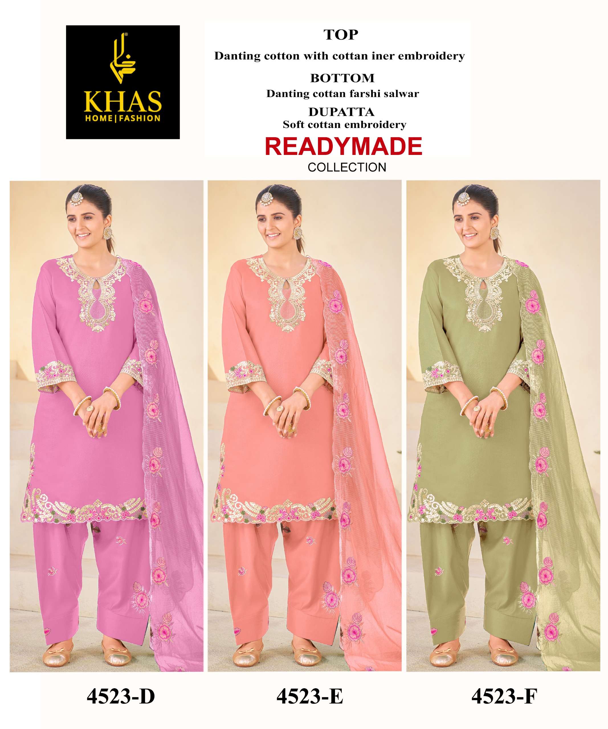KHAS FASHION D NO 4523 COTTON BEAUTIFUL EMBROIDERY DESIGNER PAKISTANI SUIT