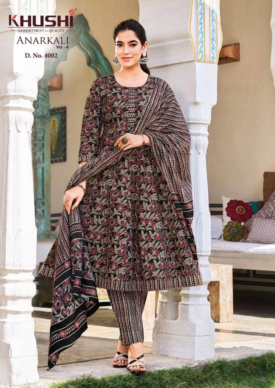 KHUSHI ANARKALI VOL 4 COTTON PRINTED LADIES KURTI PANT WITH DUPATTA SET 