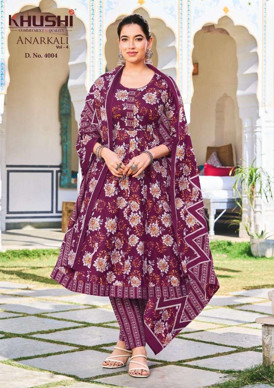 KHUSHI ANARKALI VOL 4 COTTON PRINTED LADIES KURTI PANT WITH DUPATTA SET 