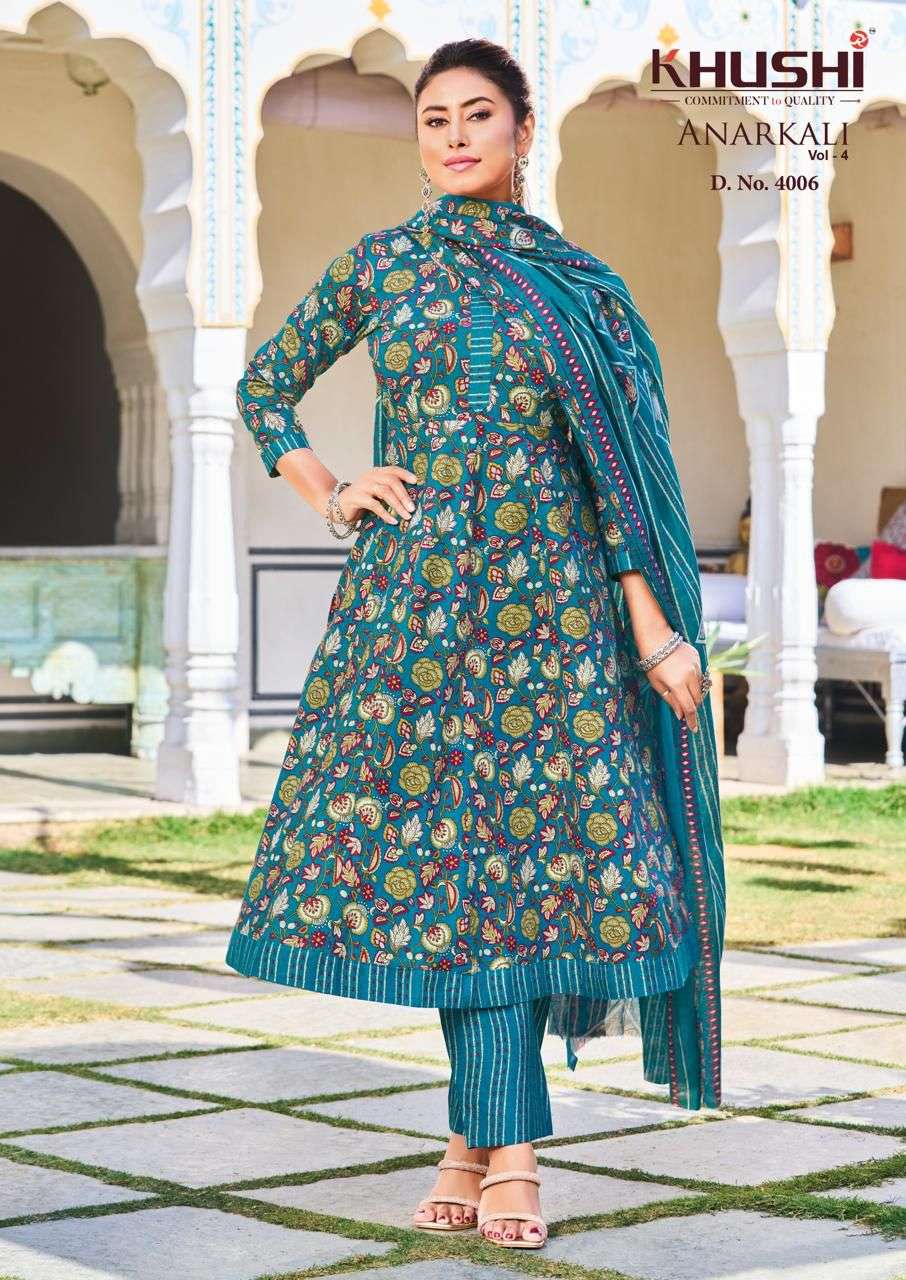 KHUSHI ANARKALI VOL 4 COTTON PRINTED LADIES KURTI PANT WITH DUPATTA SET 