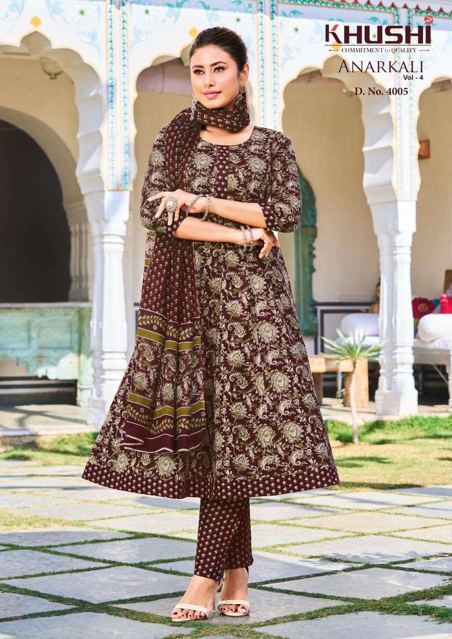 KHUSHI ANARKALI VOL 4 COTTON PRINTED LADIES KURTI PANT WITH DUPATTA SET 