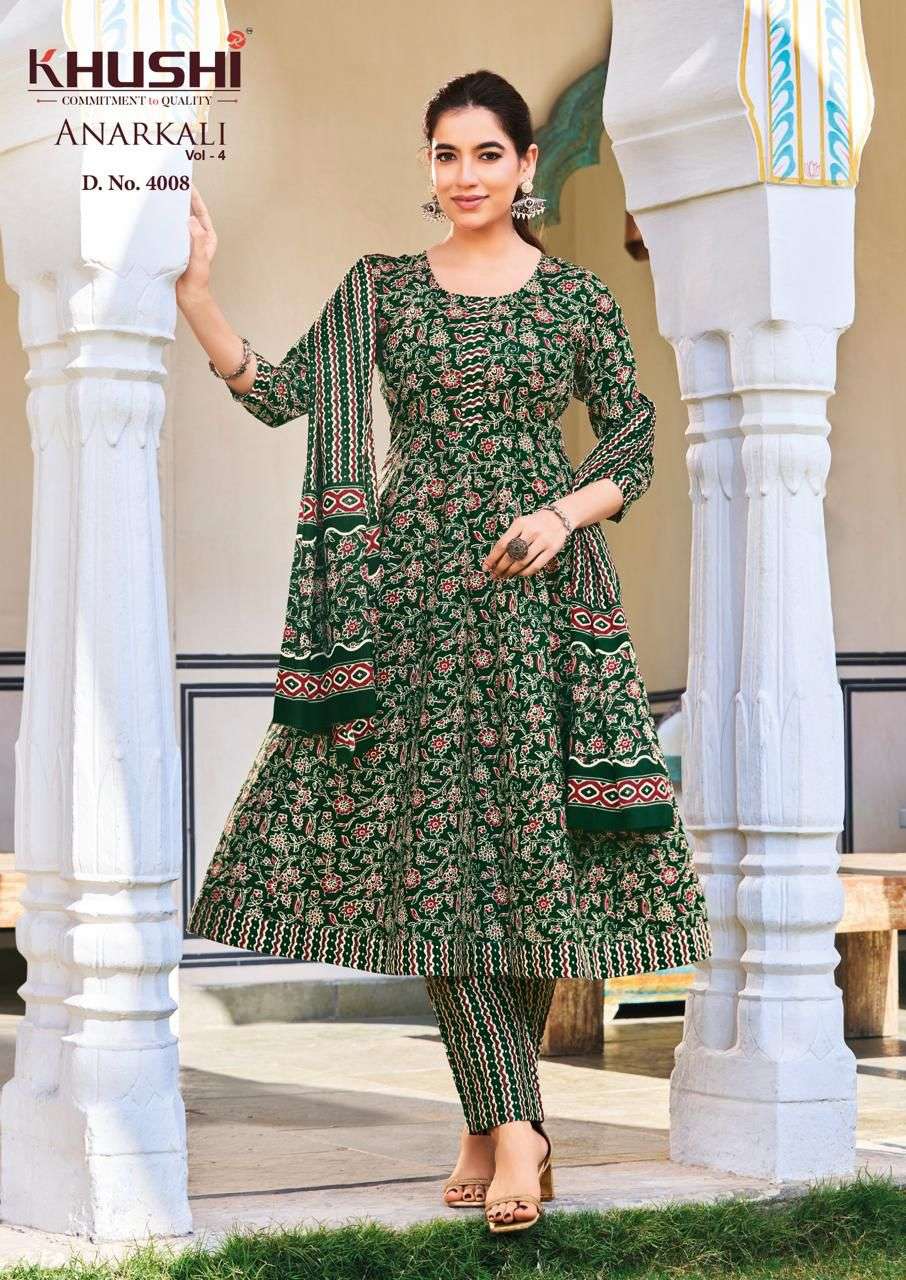KHUSHI ANARKALI VOL 4 COTTON PRINTED LADIES KURTI PANT WITH DUPATTA SET 