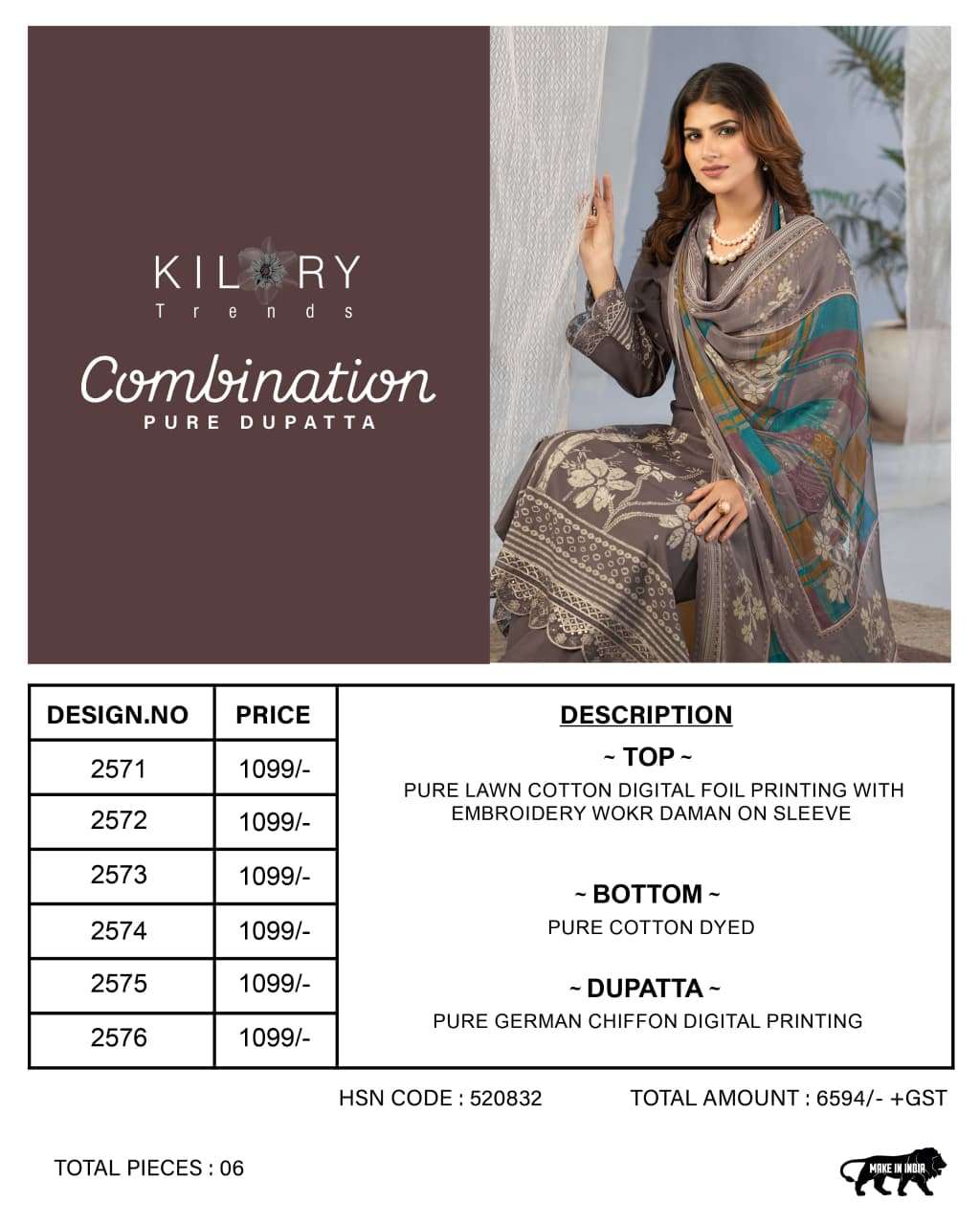 KILORY TRENDS COMBINATION LAWN COTTON DIGITAL PRINT WITH EMBROIDERY WORK SUIT
