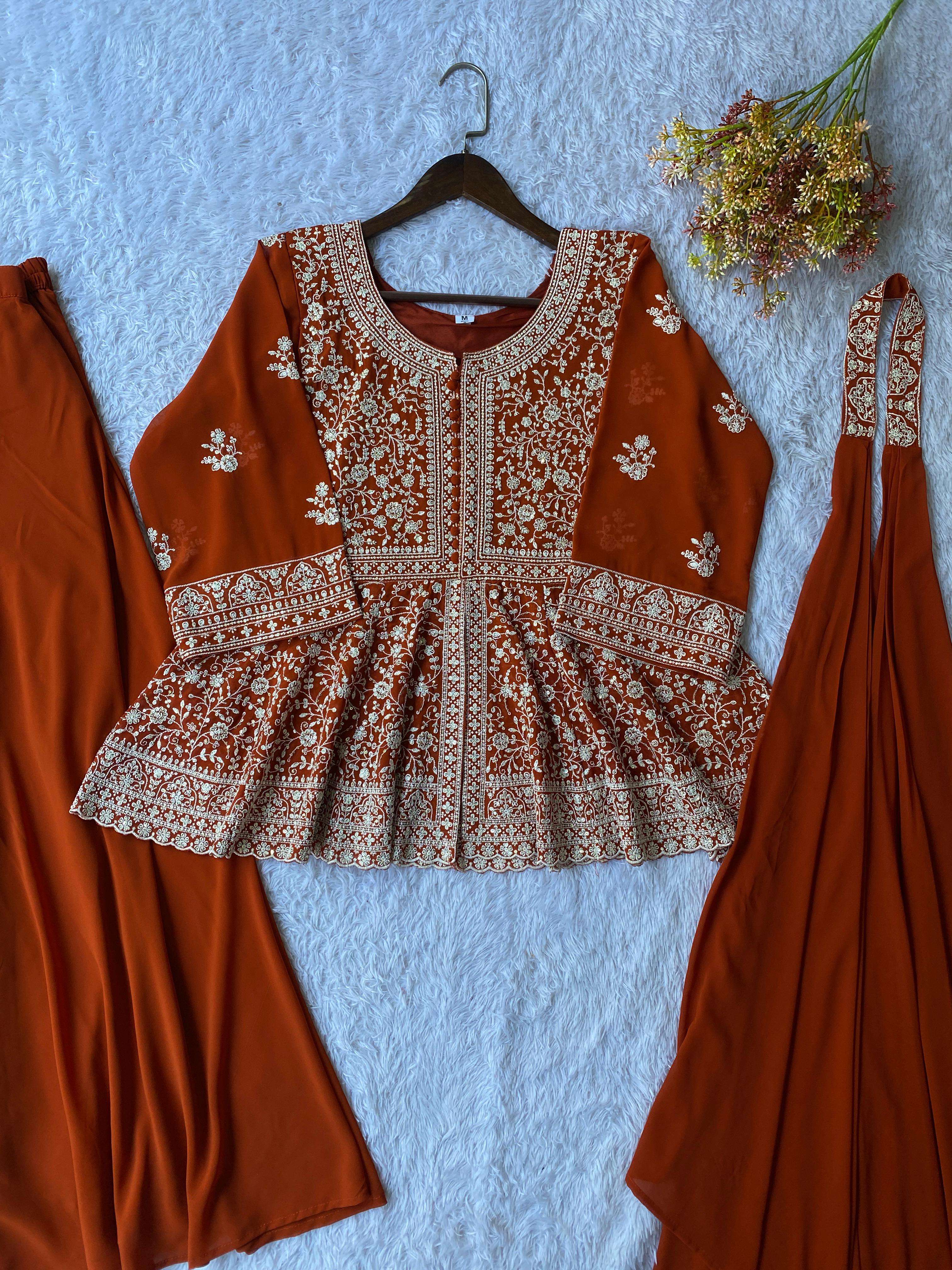 LM 14 GEORGETTE HEAVY DESIGNER PEPLUM TOP PLAZZO AND DUPATTA