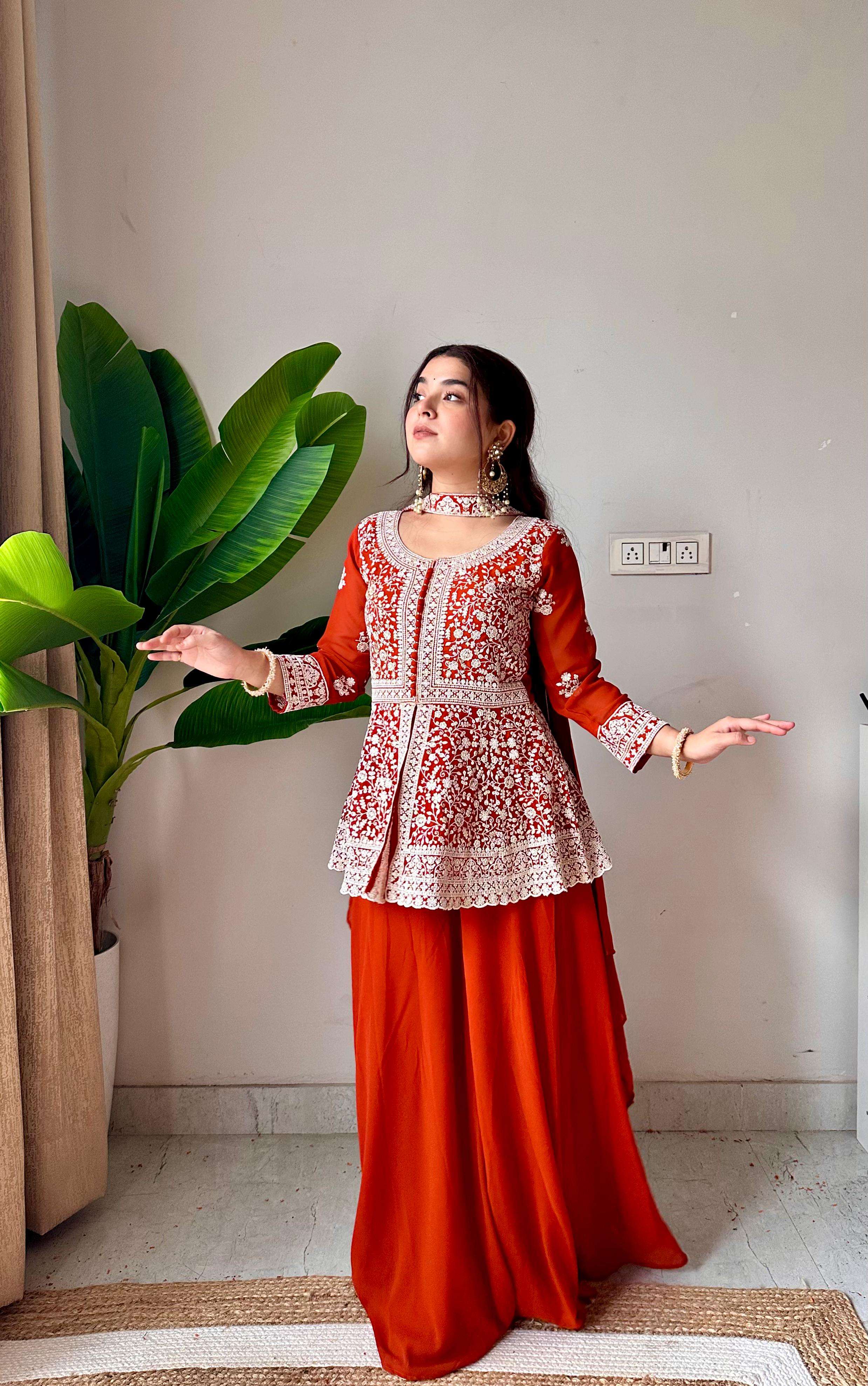LM 14 GEORGETTE HEAVY DESIGNER PEPLUM TOP PLAZZO AND DUPATTA