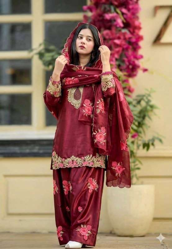 MD 3081 SATIN WITH EMBROIDERY DESIGNER WORK PARTY WEAR LADIES SUIT