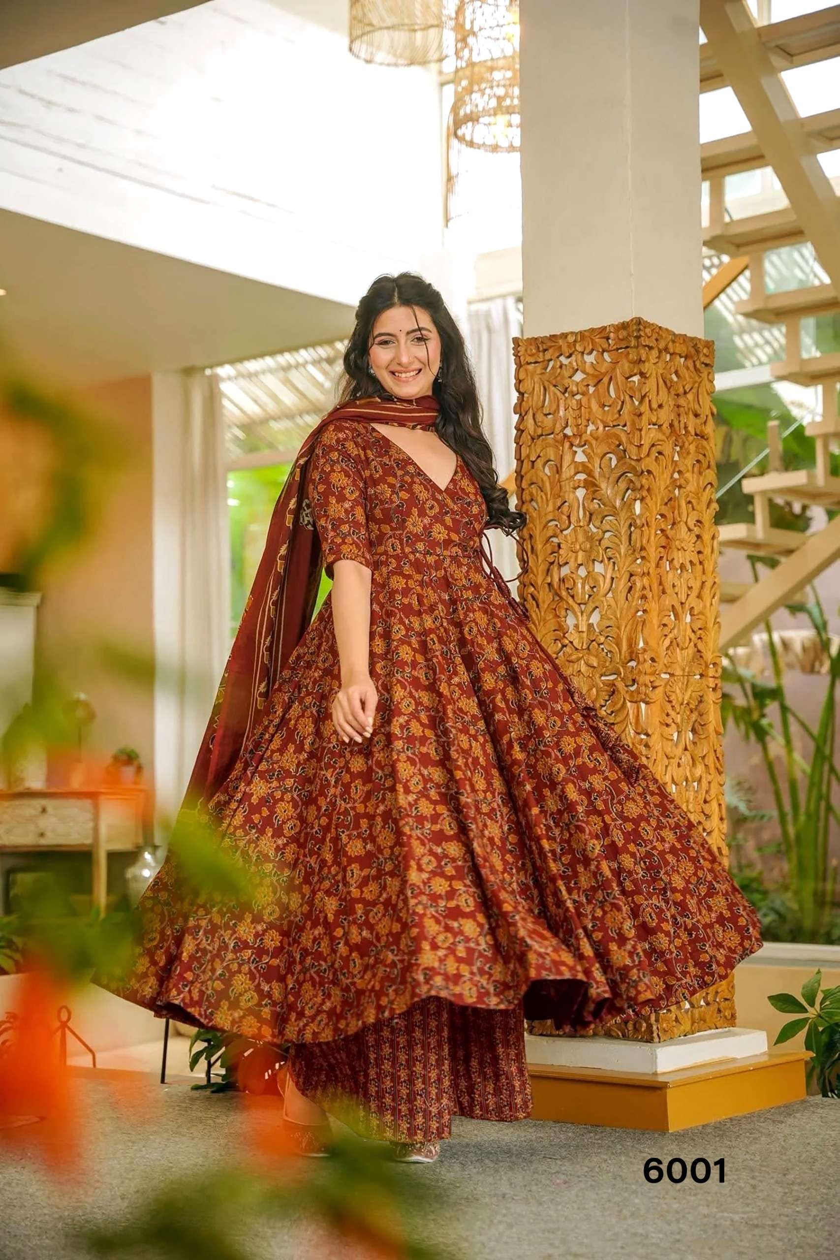MF VYOMA VOL 6 MUSLIN DIGITAL PRINTED FANCY LONG GOWN KURTI WITH BOTTOM AND DUPATTA