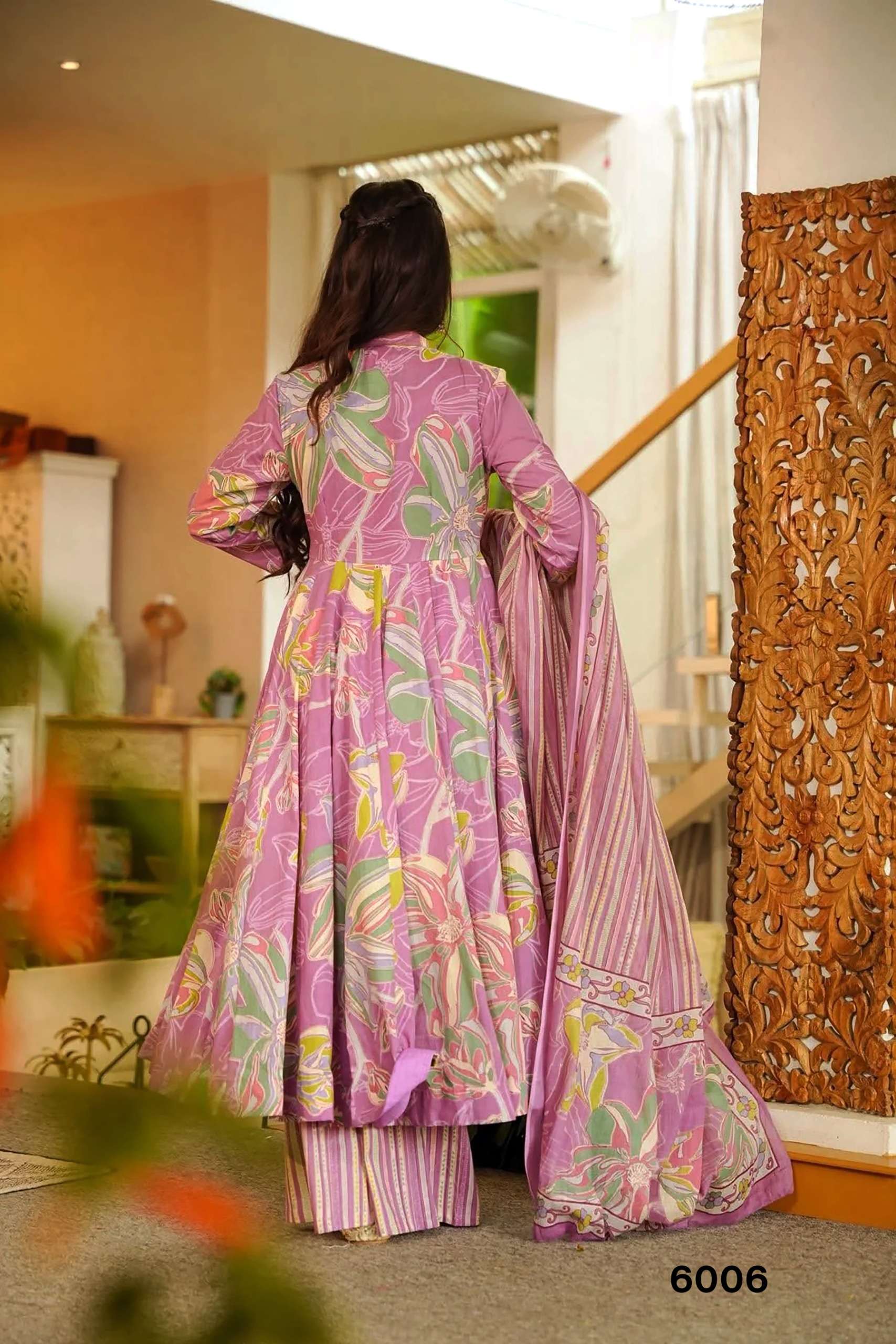 MF VYOMA VOL 6 MUSLIN DIGITAL PRINTED FANCY LONG GOWN KURTI WITH BOTTOM AND DUPATTA