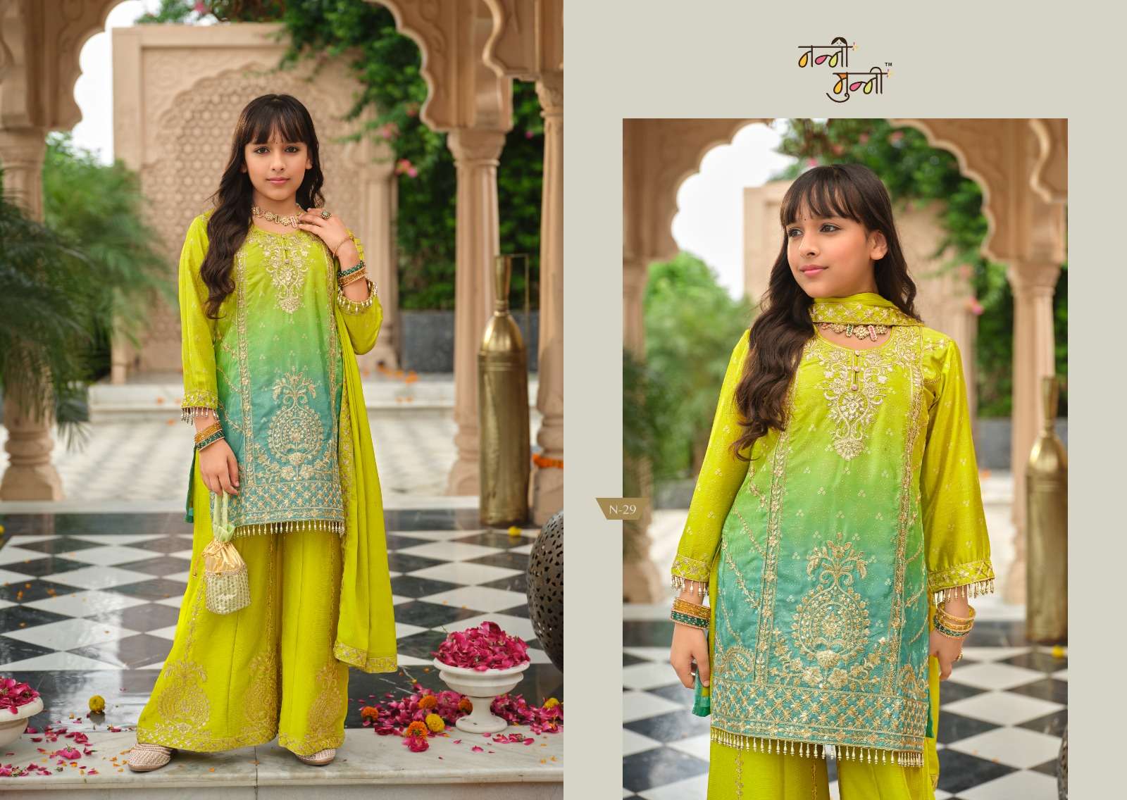 NANNI MUNNI BLOSSOMS HEAVY EMBROIDERY DESIGNER WORK WEDDING WEAR KIDS SUIT