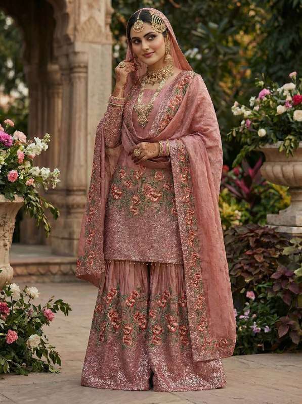 NSR 887 SILK HEAVY EMBROIDERD DESIGNER WEDDING WEAR SHARARA SUIT
