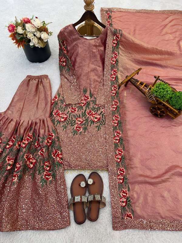 NSR 887 SILK HEAVY EMBROIDERD DESIGNER WEDDING WEAR SHARARA SUIT