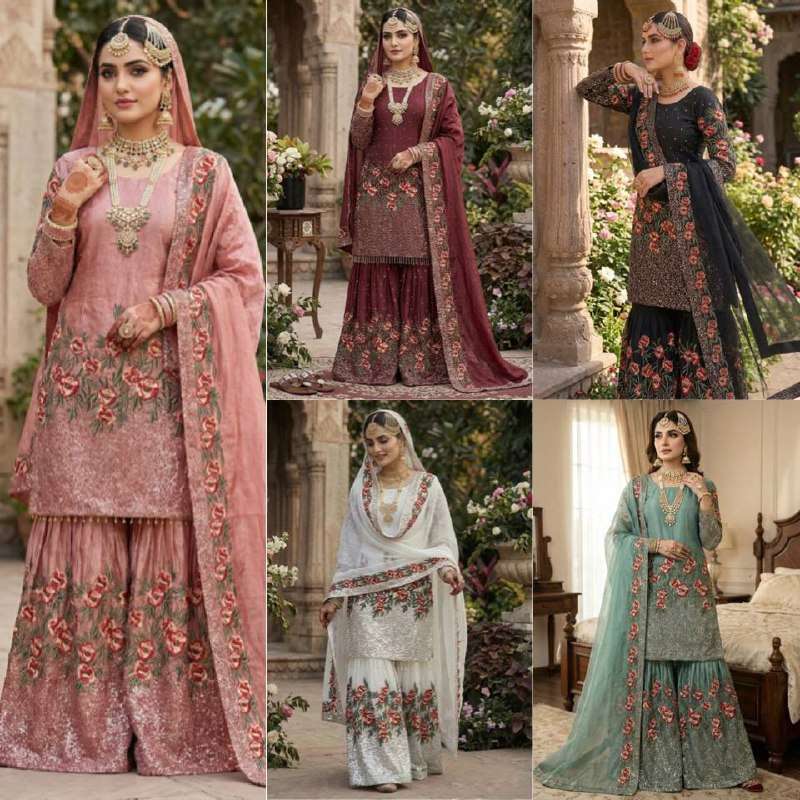 NSR 887 SILK HEAVY EMBROIDERD DESIGNER WEDDING WEAR SHARARA SUIT