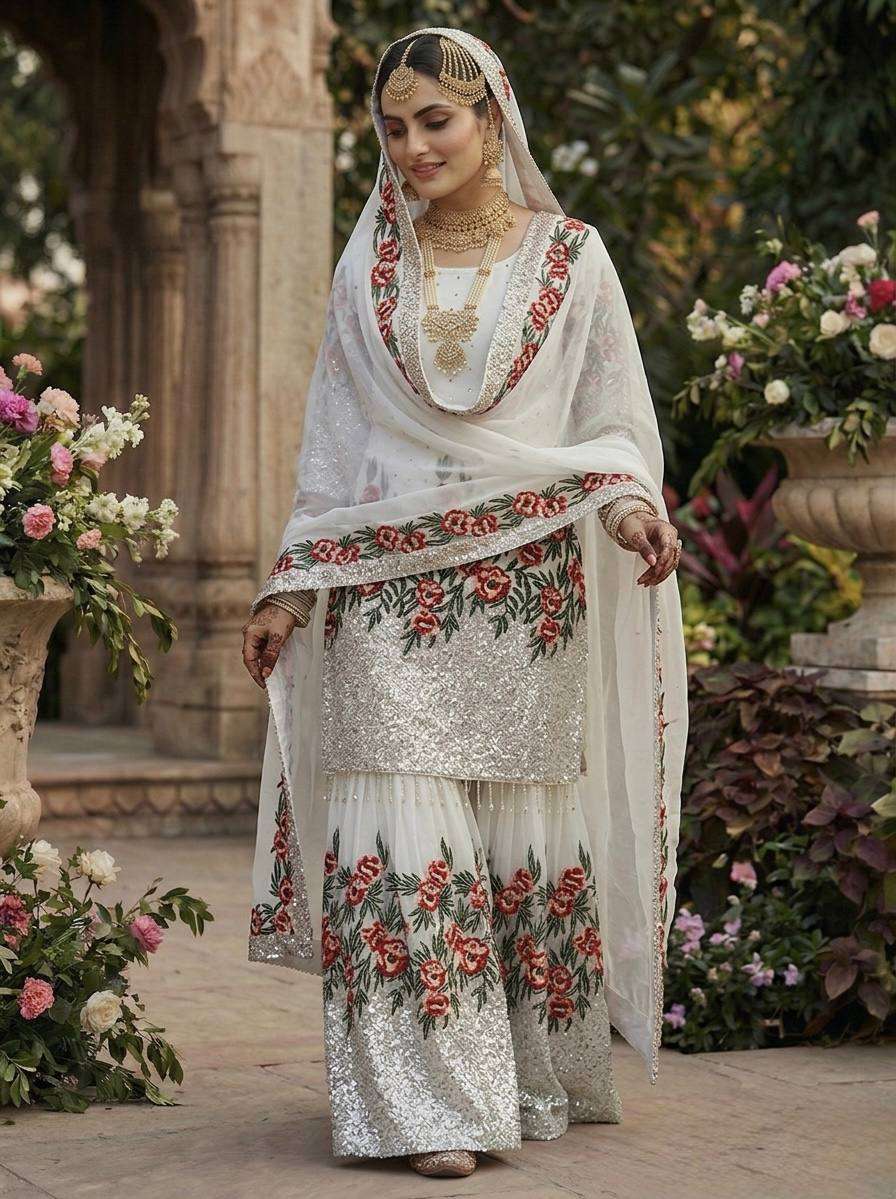 NSR 887 SILK HEAVY EMBROIDERD DESIGNER WEDDING WEAR SHARARA SUIT