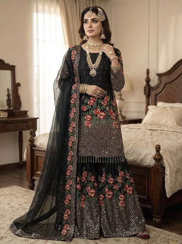 NSR 887 SILK HEAVY EMBROIDERD DESIGNER WEDDING WEAR SHARARA SUIT