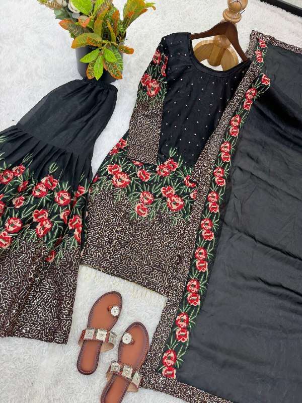 NSR 887 SILK HEAVY EMBROIDERD DESIGNER WEDDING WEAR SHARARA SUIT