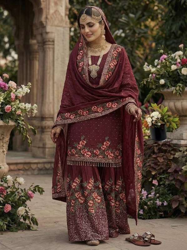 NSR 887 SILK HEAVY EMBROIDERD DESIGNER WEDDING WEAR SHARARA SUIT