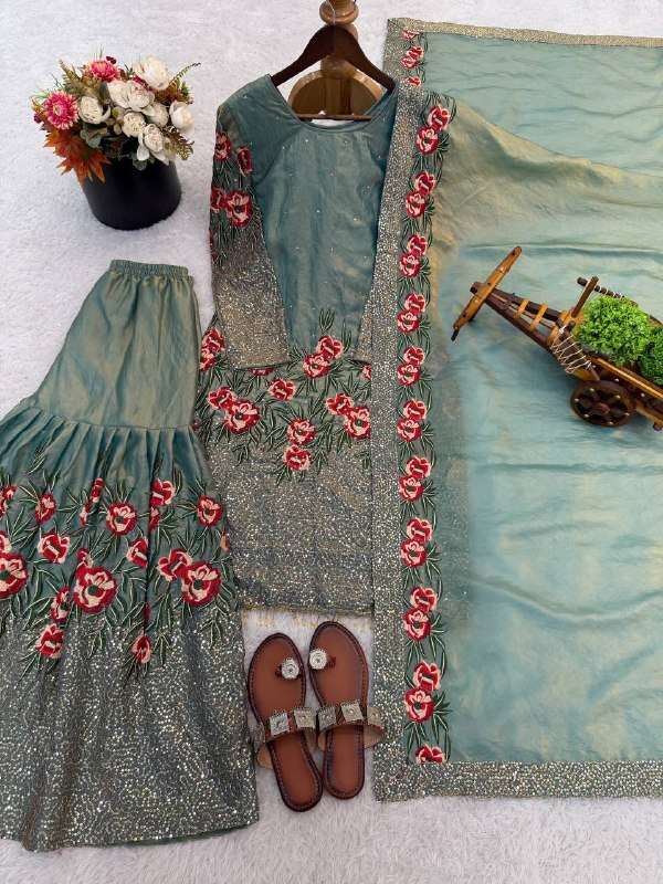 NSR 887 SILK HEAVY EMBROIDERD DESIGNER WEDDING WEAR SHARARA SUIT