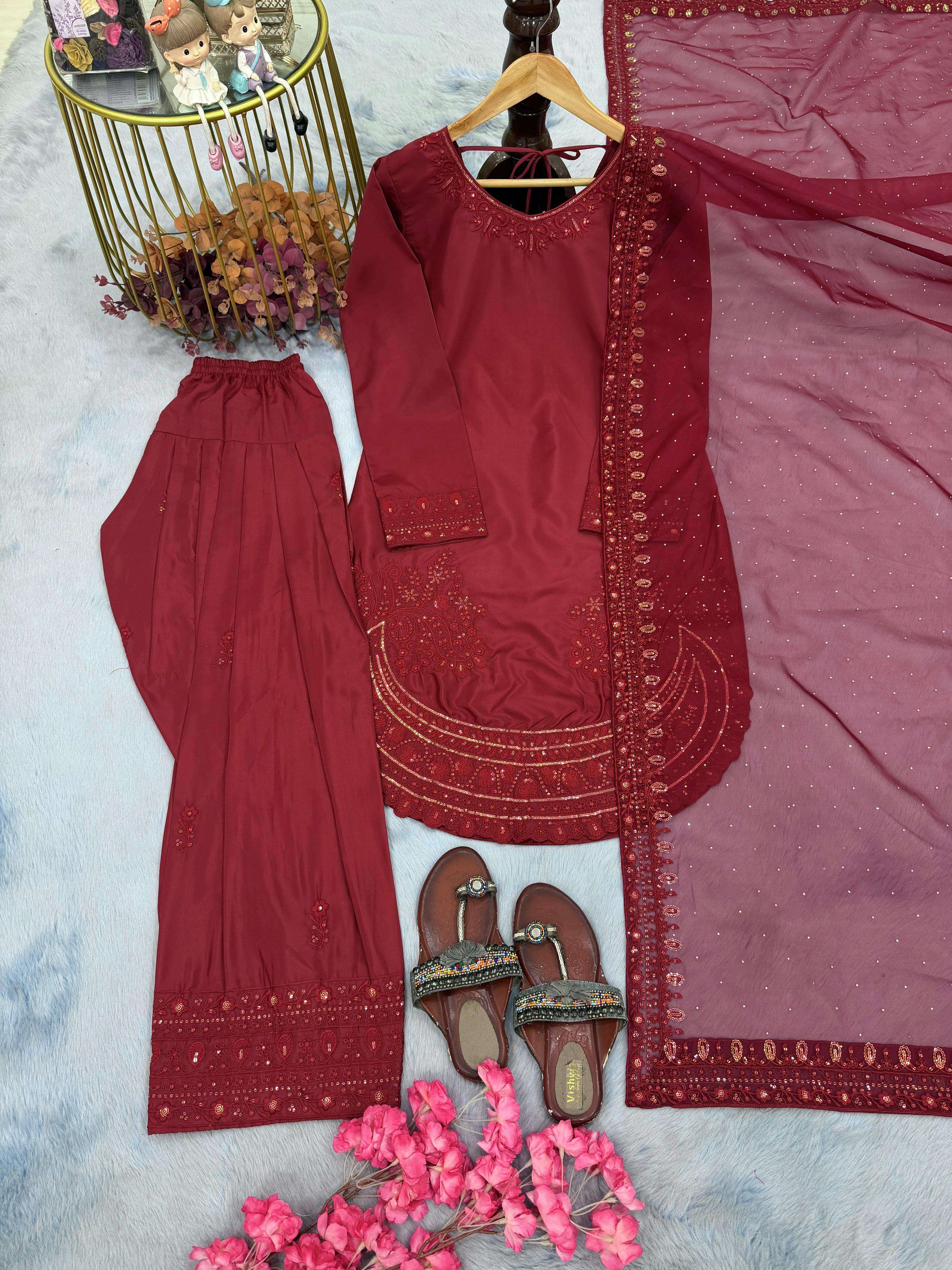 PD 1143 CREPE SILK FANCY PARTY WEAR LOOK TOP FARSHI PLAZZO AND DUPATTA 