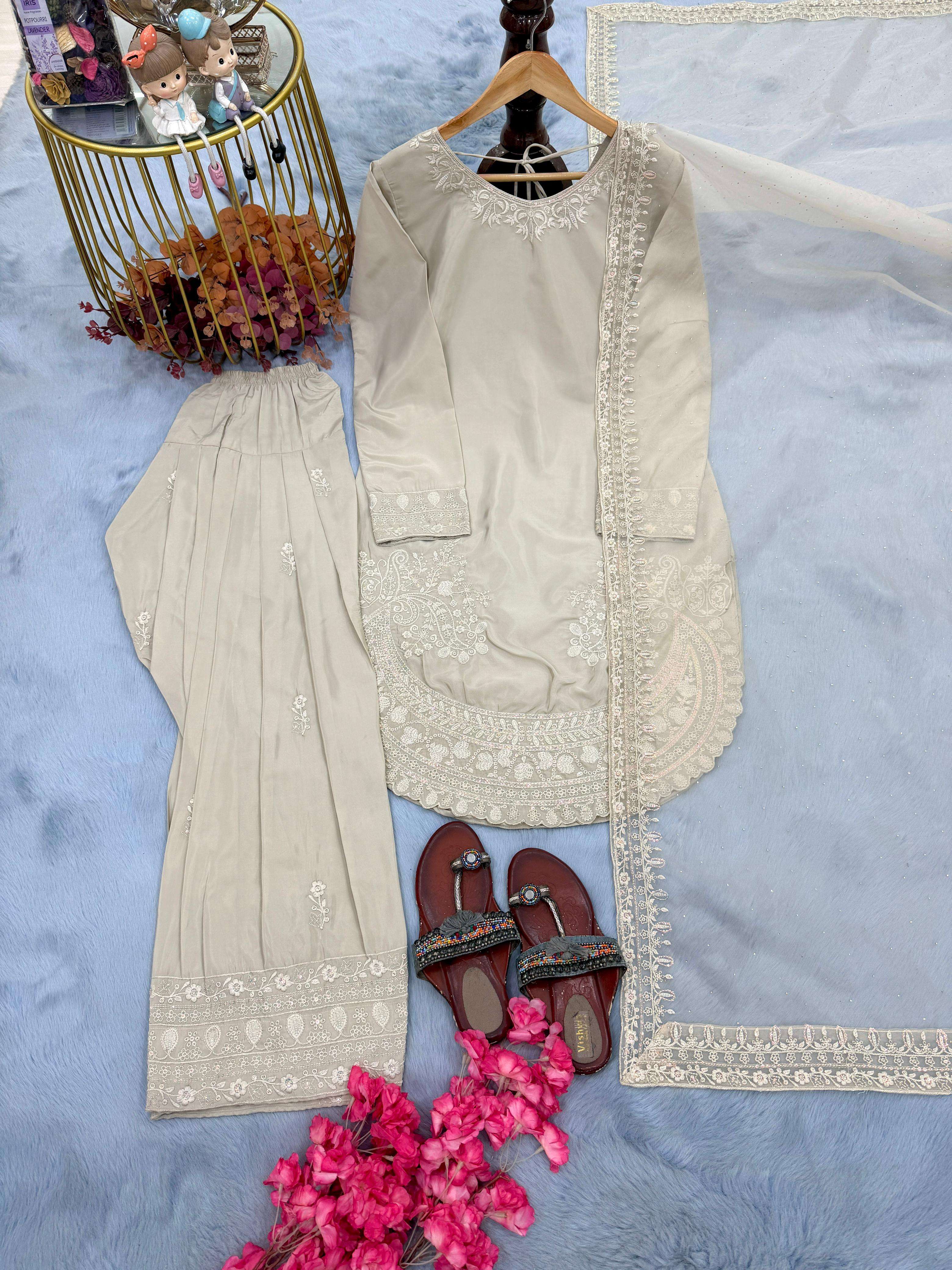 PD 1143 CREPE SILK FANCY PARTY WEAR LOOK TOP FARSHI PLAZZO AND DUPATTA 