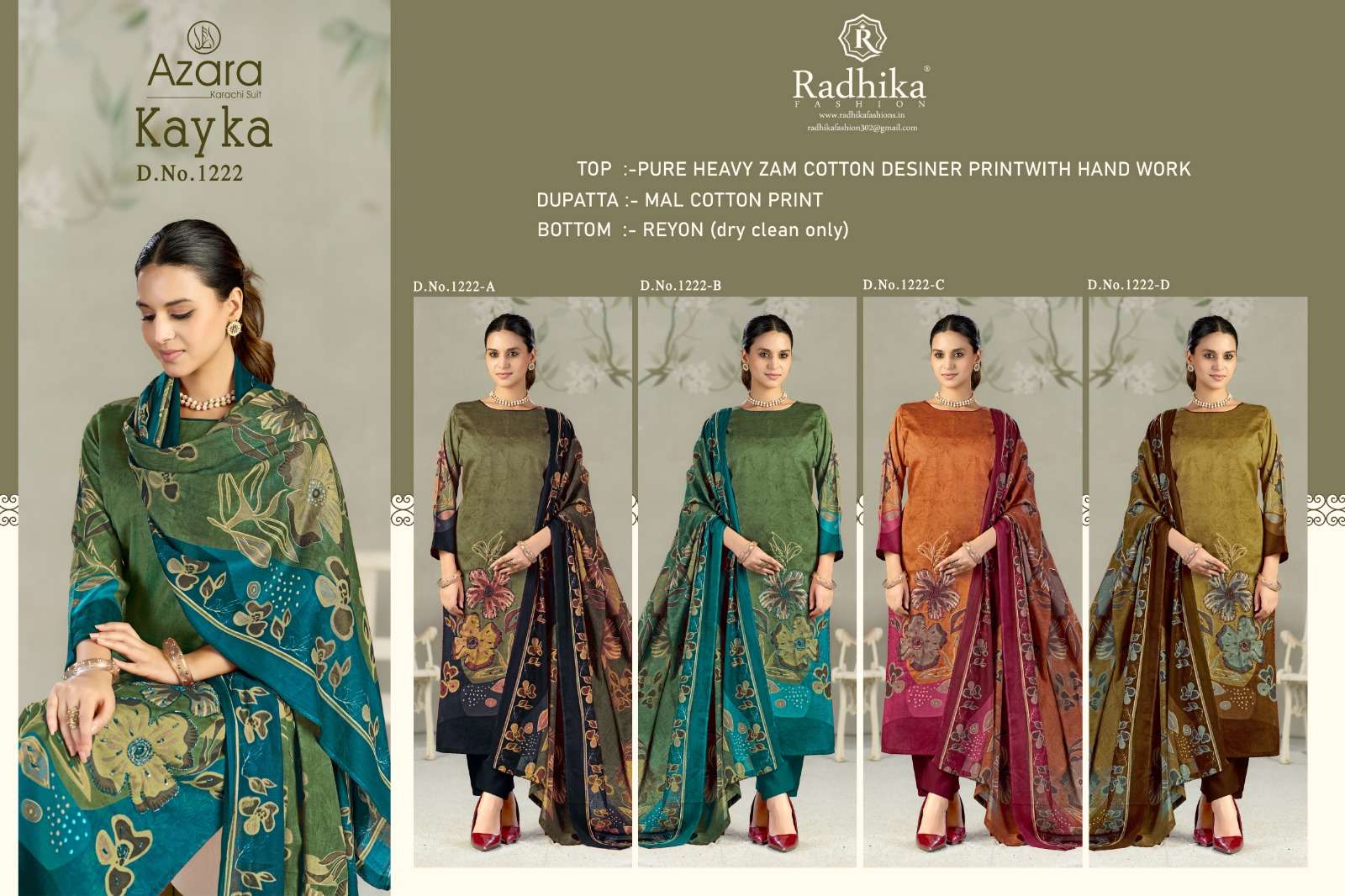 RADHIKA FASHION AZARA KAYKA D NO 1222 COTTON PRINT WITH FANCY EMBROIDERY WORK SUIT