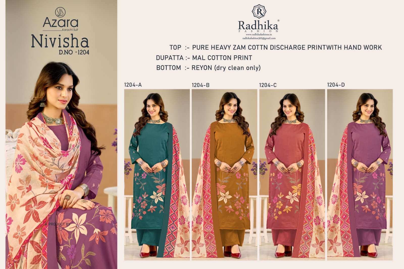 RADHIKA FASHION AZARA NIVISHA JAM COTTON PRINT WITH HAND WORK SUIT