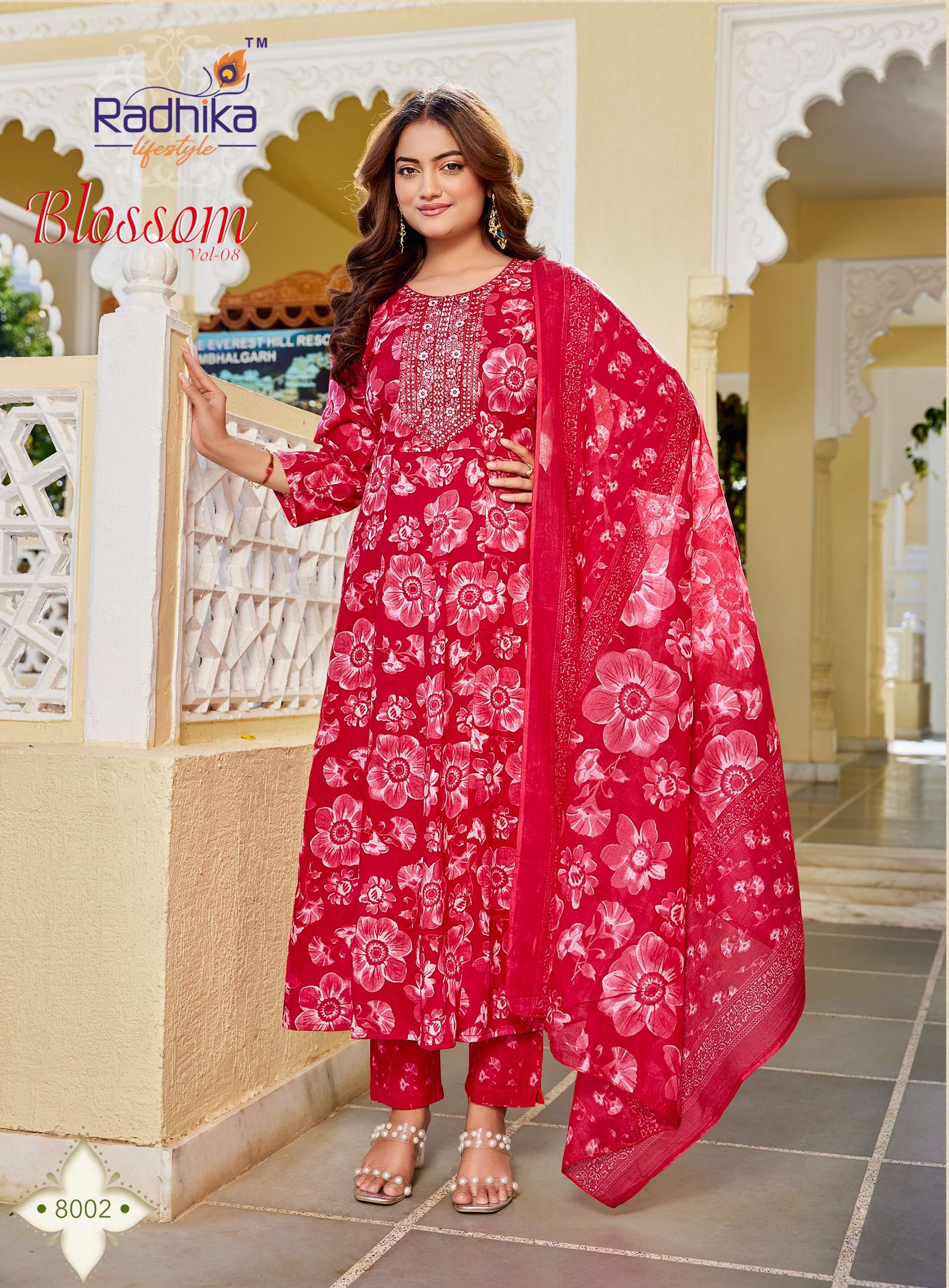 RADHIKA LIFESTYLE BLOSSOM VOL 8 COTTON PRINT FANCY WORK LADIES ANARKALI STYLE 3PCS SET COLLECTION 