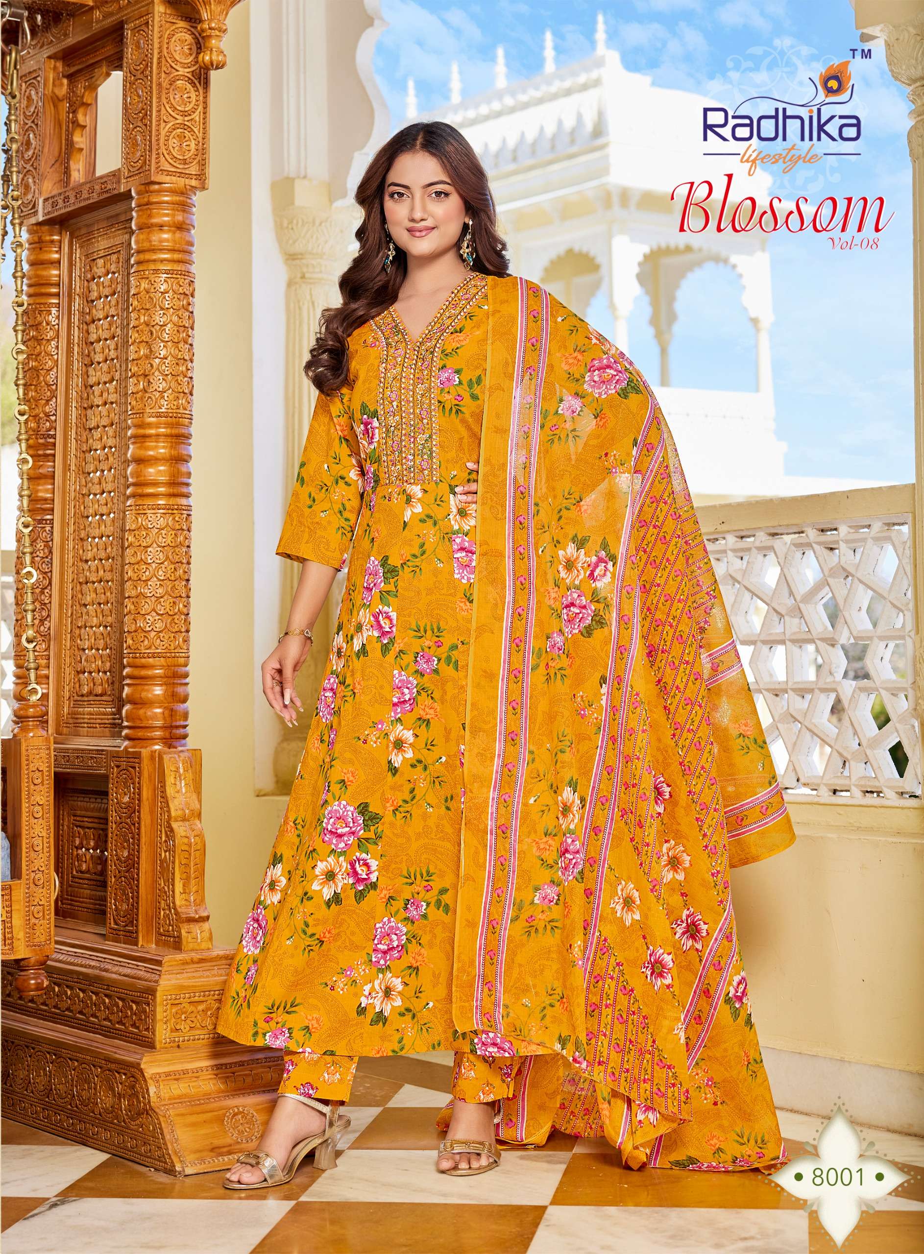 RADHIKA LIFESTYLE BLOSSOM VOL 8 COTTON PRINT FANCY WORK LADIES ANARKALI STYLE 3PCS SET COLLECTION 