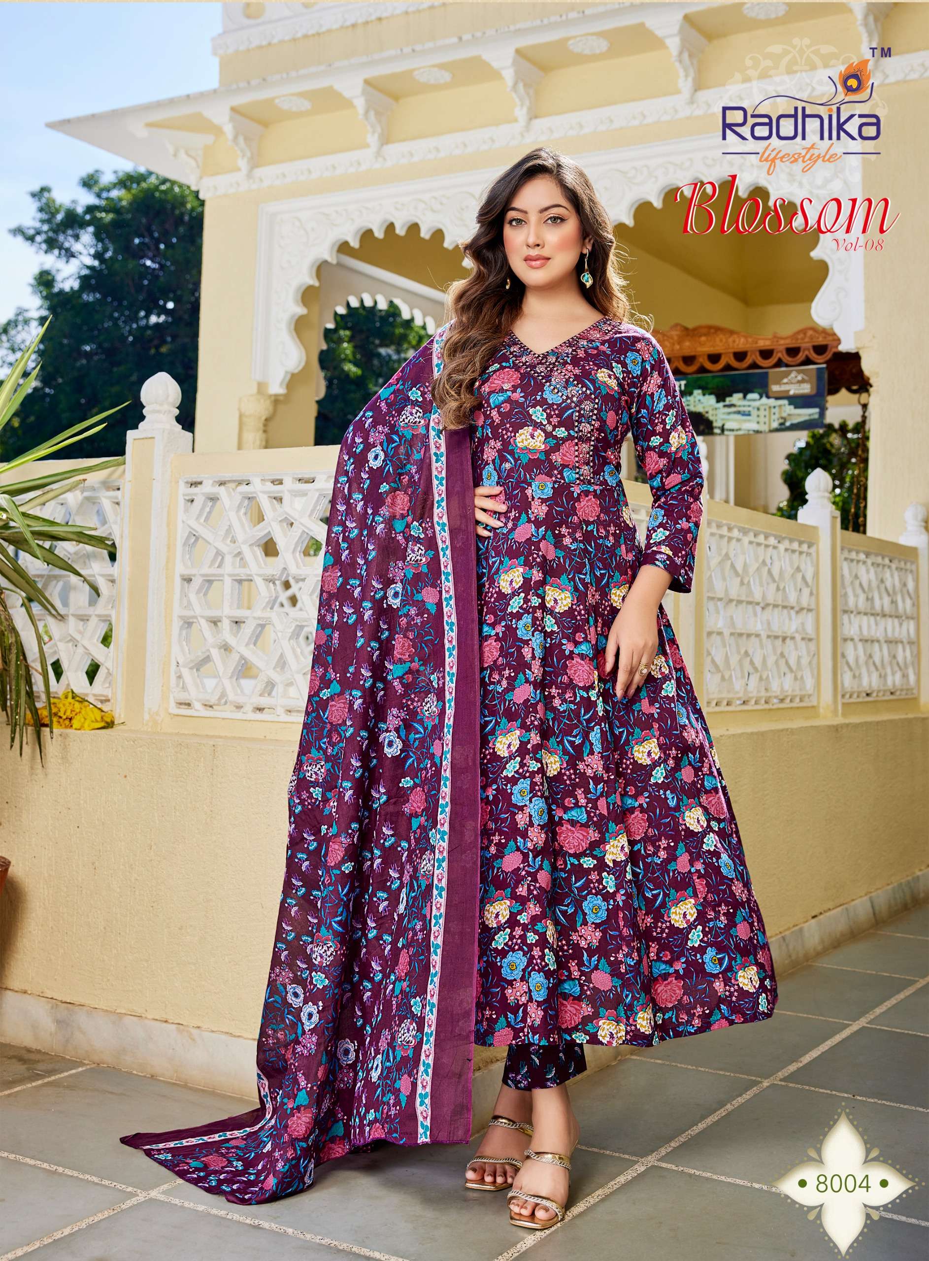 RADHIKA LIFESTYLE BLOSSOM VOL 8 COTTON PRINT FANCY WORK LADIES ANARKALI STYLE 3PCS SET COLLECTION 