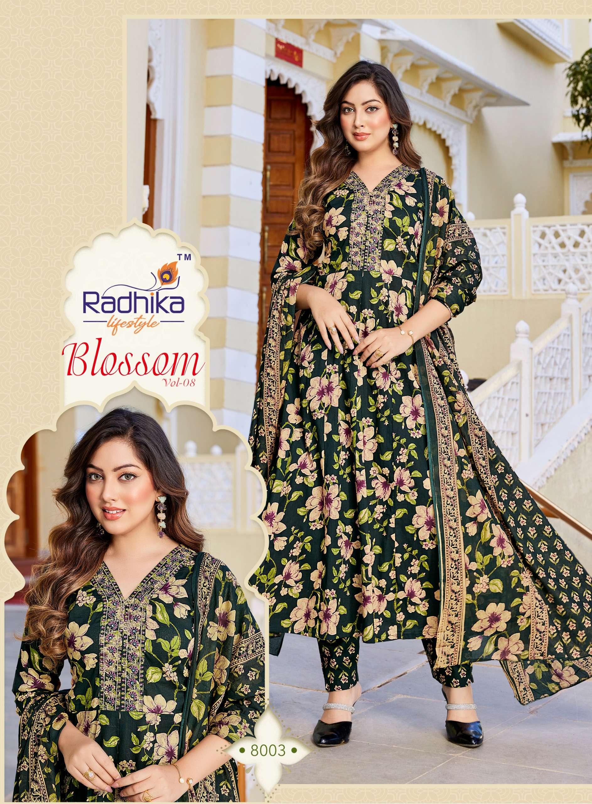 RADHIKA LIFESTYLE BLOSSOM VOL 8 COTTON PRINT FANCY WORK LADIES ANARKALI STYLE 3PCS SET COLLECTION 